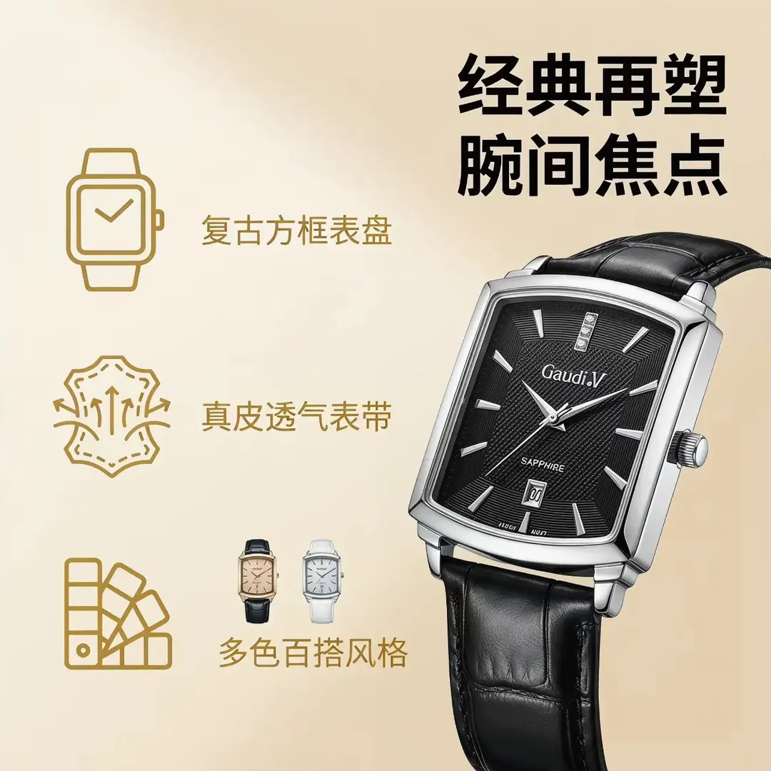 Gaudi.V Retro Square Quartz Women's Watch with Genuine Leather Strap, Simple and Versatile, Light Luxury, Niche, High-End Feel Wristwatch — feature 3