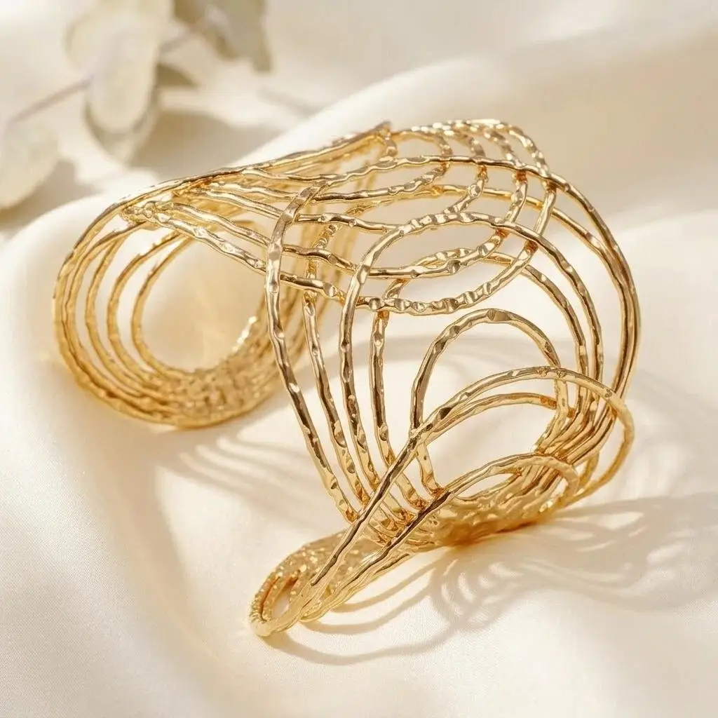 Hollow Wave-Shaped Korean-Style Multi-Layer Metal Arm Bracelet, European and American Cross-Border Minimalist Style Bracelet, New Light Luxury Elegant Bracelet for Women
