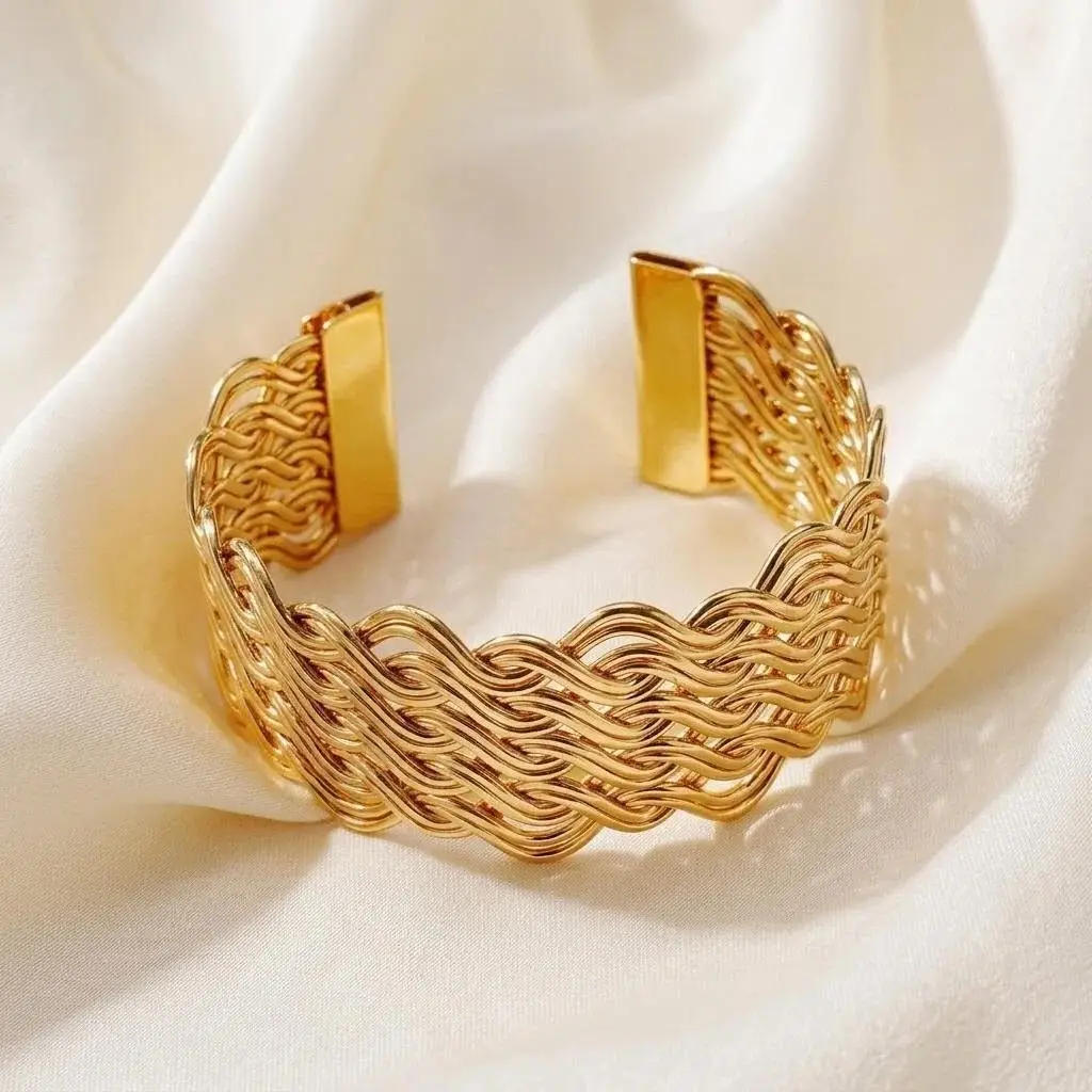 Hollow Wave-Shaped Korean-Style Multi-Layer Metal Arm Bracelet, European and American Cross-Border Minimalist Style Bracelet, New Light Luxury Elegant Bracelet for Women