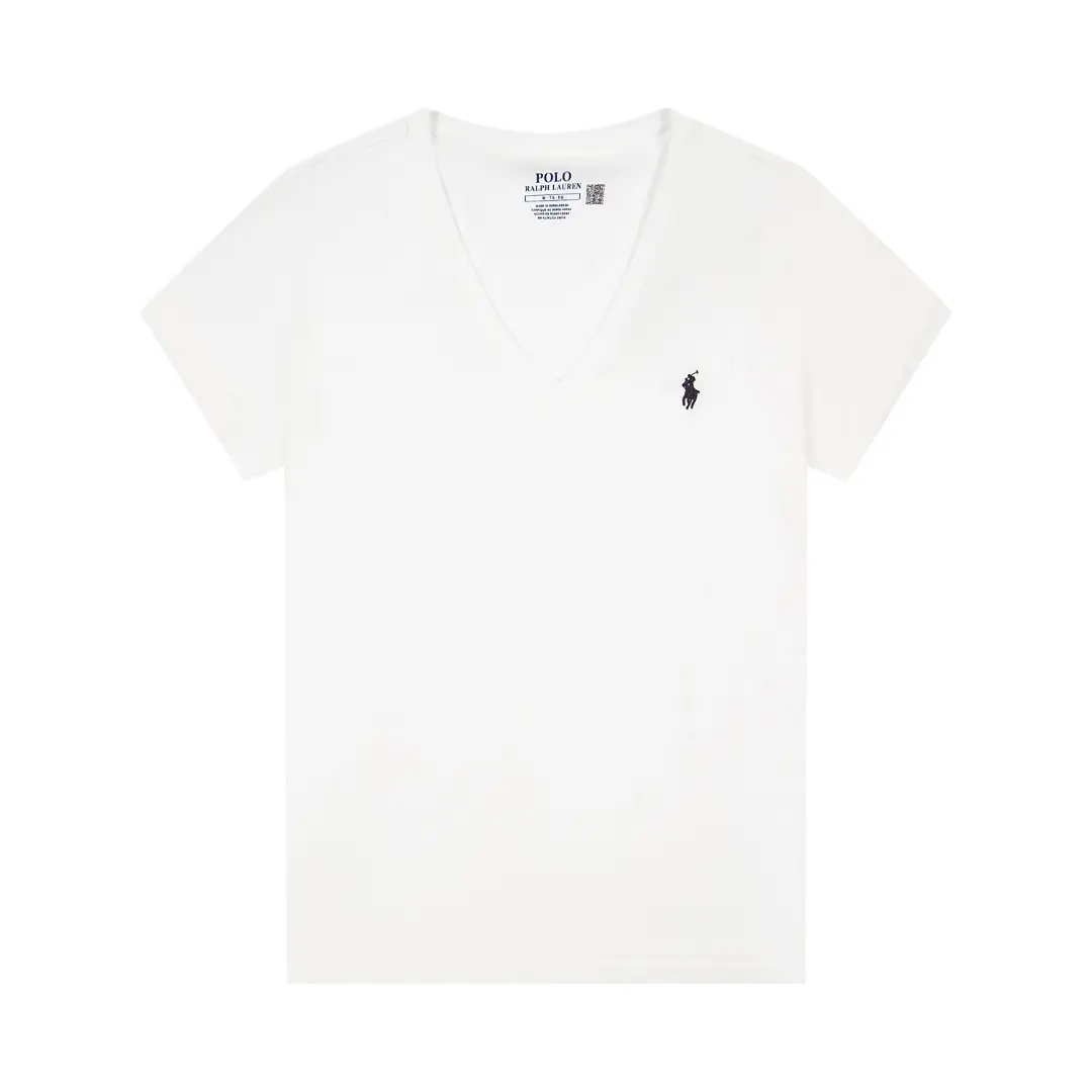 Cross-Border Rl Women's Slim-Fit Summer Solid Color Pony Embroidery V-Neck Short-Sleeve T-Shirt Hot Girl Pure Cotton Women's Top