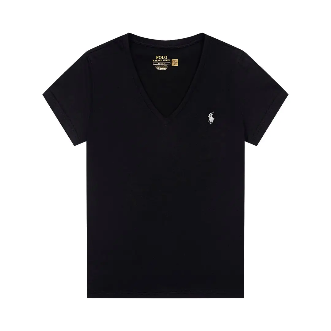 Cross-Border Rl Women's Slim-Fit Summer Solid Color Pony Embroidery V-Neck Short-Sleeve T-Shirt Hot Girl Pure Cotton Women's Top