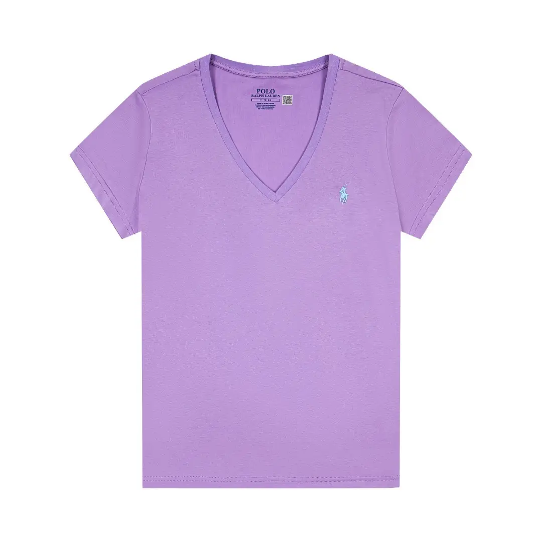 Cross-Border Rl Women's Slim-Fit Summer Solid Color Pony Embroidery V-Neck Short-Sleeve T-Shirt Hot Girl Pure Cotton Women's Top