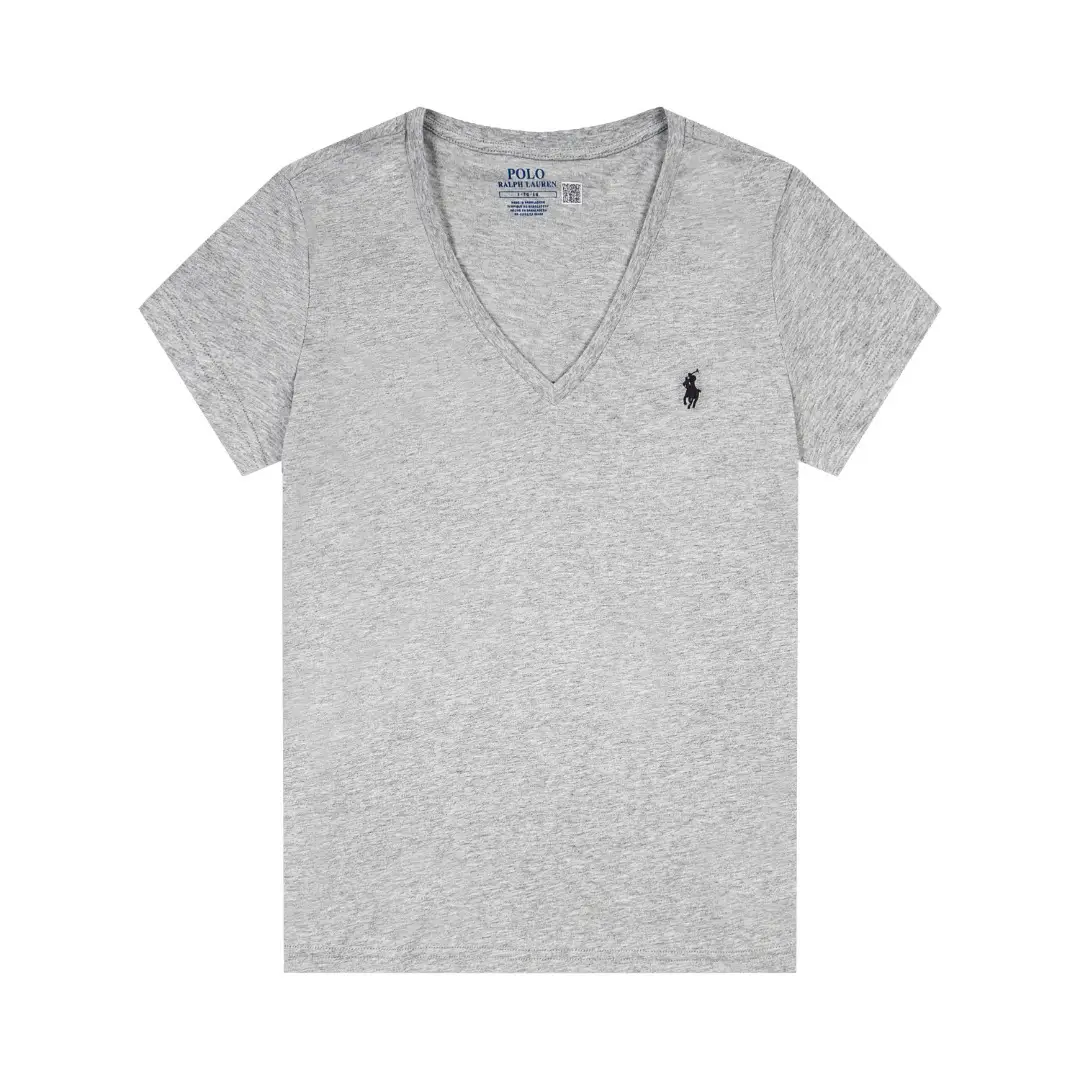 Cross-Border Rl Women's Slim-Fit Summer Solid Color Pony Embroidery V-Neck Short-Sleeve T-Shirt Hot Girl Pure Cotton Women's Top