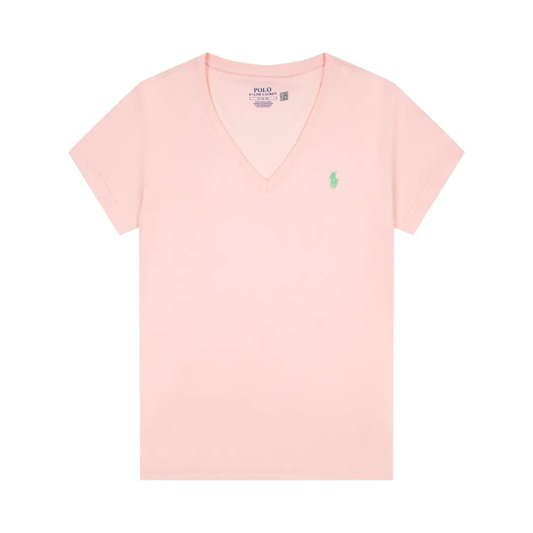 Cross-Border Rl Women's Slim-Fit Summer Solid Color Pony Embroidery V-Neck Short-Sleeve T-Shirt Hot Girl Pure Cotton Women's Top