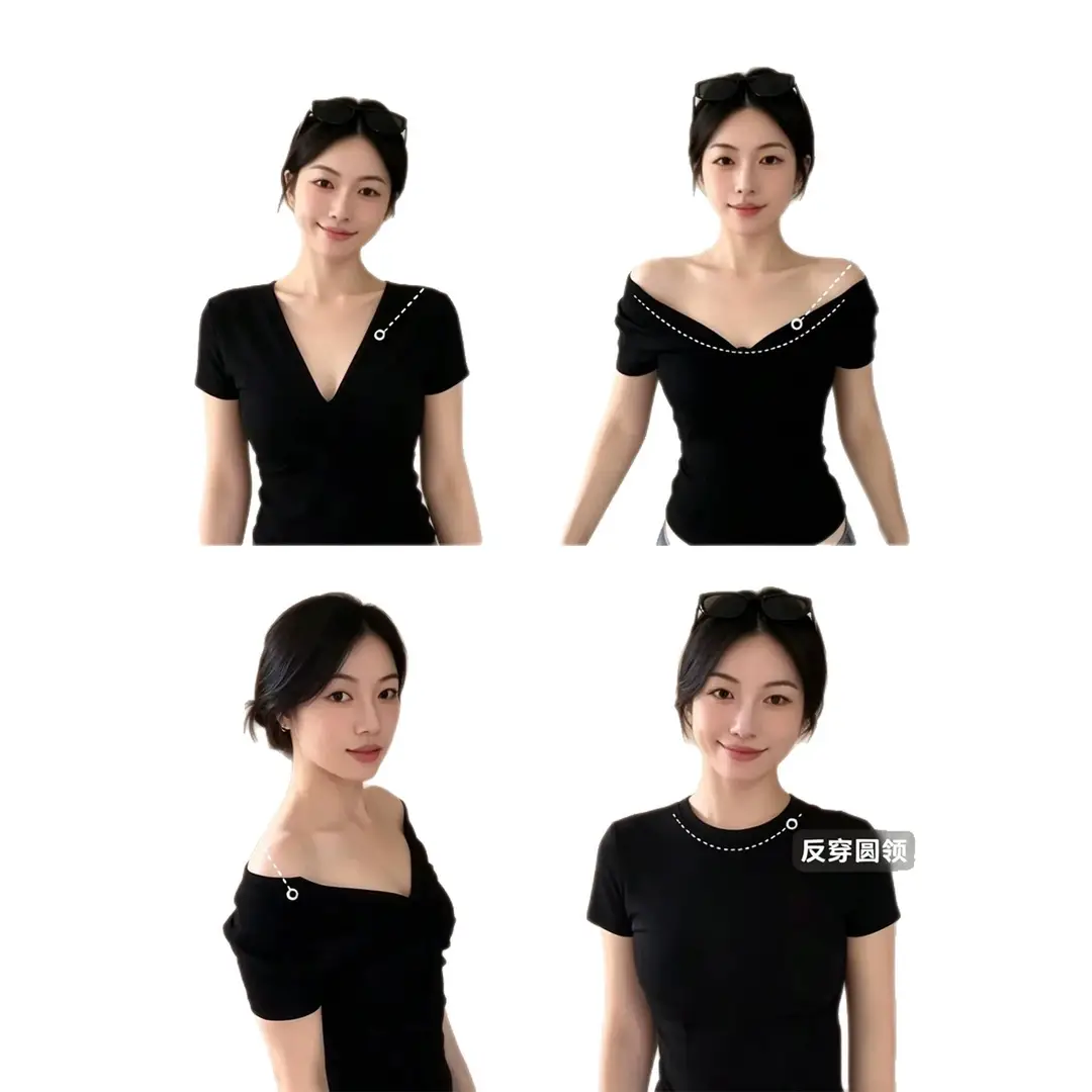 Black French-Style Off-Shoulder Crop Top for Women, Summer V-Neck Slim-Fit T-Shirt, Unique Short-Sleeve Design Women's T-Shirt
