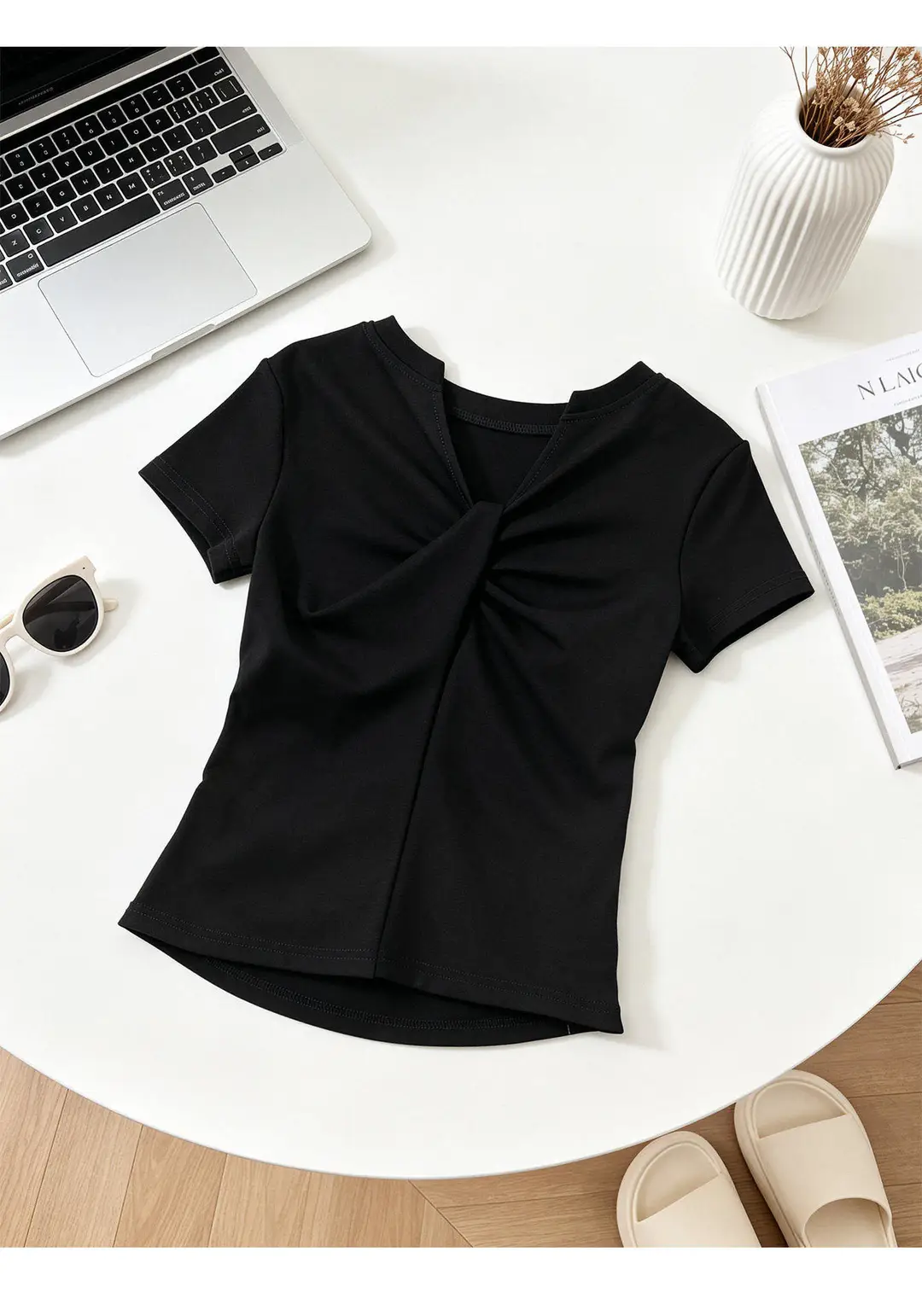 Black French-Style Off-Shoulder Crop Top for Women, Summer V-Neck Slim-Fit T-Shirt, Unique Short-Sleeve Design Women's T-Shirt — feature 12
