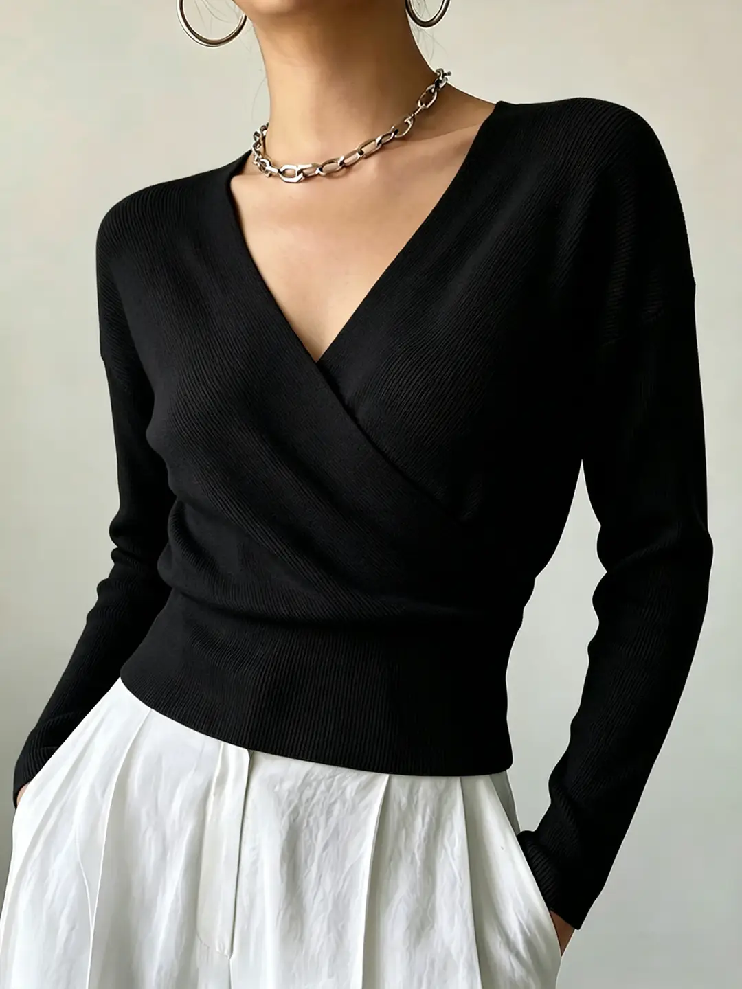 Cross-Border Popular Women's Knitwear, Long-Sleeved, Solid Color, Fashionable, Cross-Neck, Waist-Cinching Design, Simple and Flattering