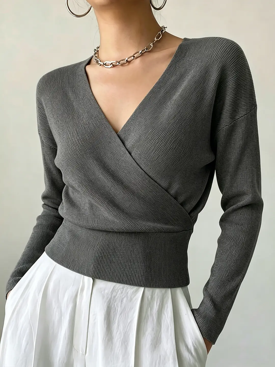 Cross-Border Popular Women's Knitwear, Long-Sleeved, Solid Color, Fashionable, Cross-Neck, Waist-Cinching Design, Simple and Flattering