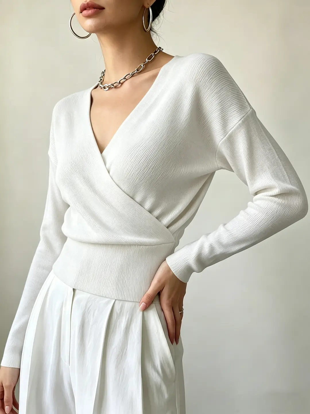Cross-Border Popular Women's Knitwear, Long-Sleeved, Solid Color, Fashionable, Cross-Neck, Waist-Cinching Design, Simple and Flattering