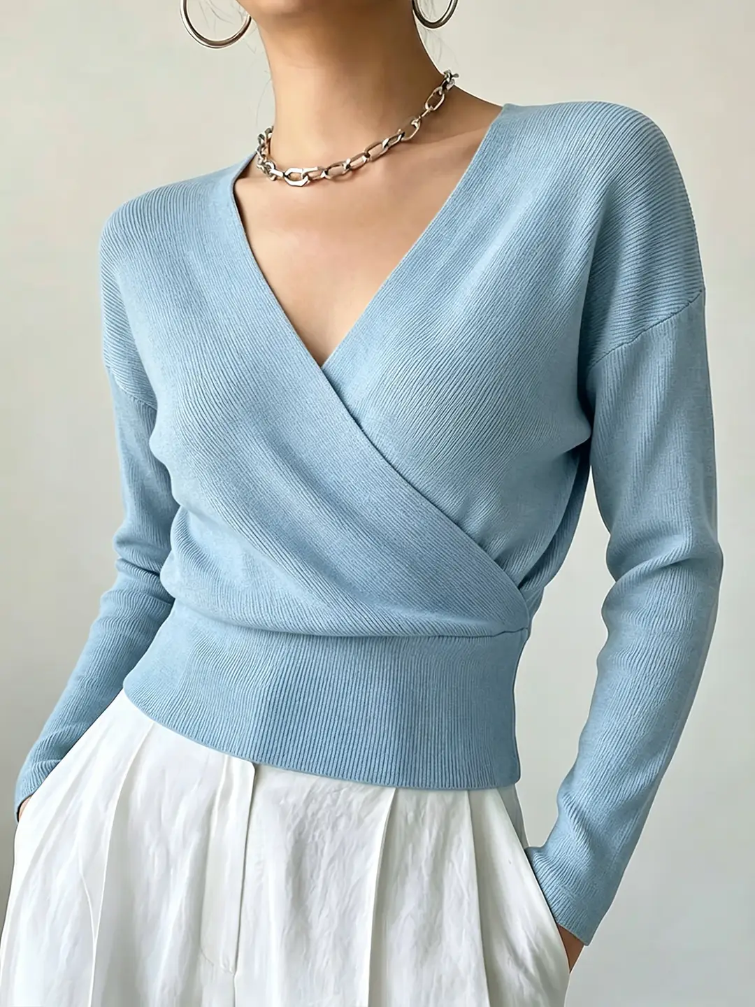 Cross-Border Popular Women's Knitwear, Long-Sleeved, Solid Color, Fashionable, Cross-Neck, Waist-Cinching Design, Simple and Flattering