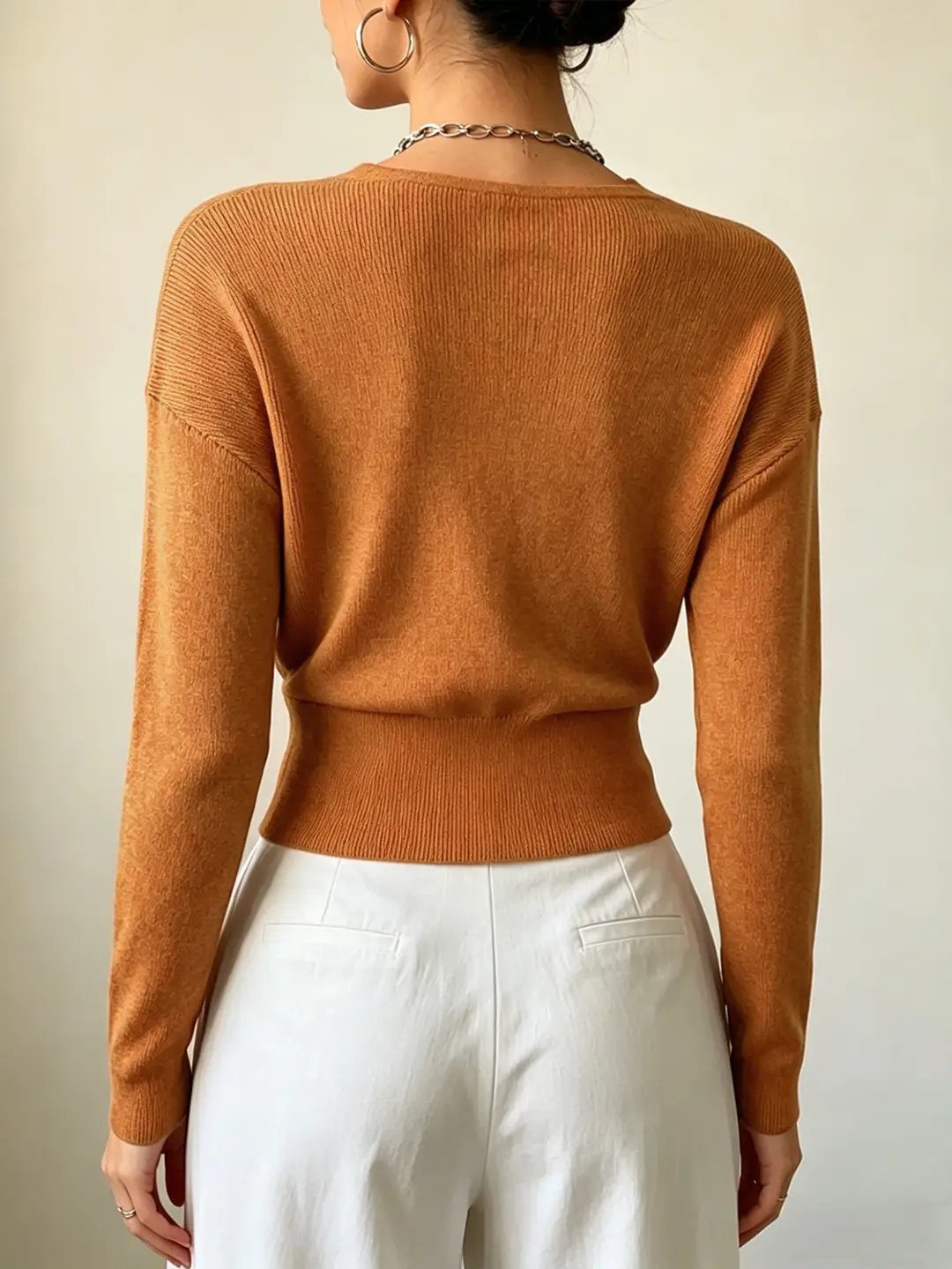 Cross-Border Popular Women's Knitwear, Long-Sleeved, Solid Color, Fashionable, Cross-Neck, Waist-Cinching Design, Simple and Flattering — feature 10