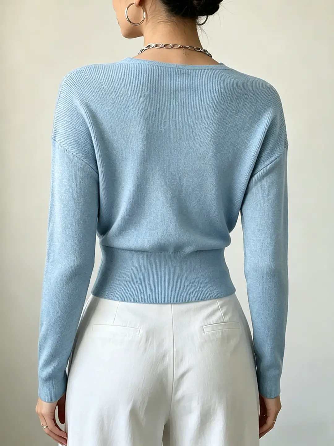 Cross-Border Popular Women's Knitwear, Long-Sleeved, Solid Color, Fashionable, Cross-Neck, Waist-Cinching Design, Simple and Flattering — feature 12