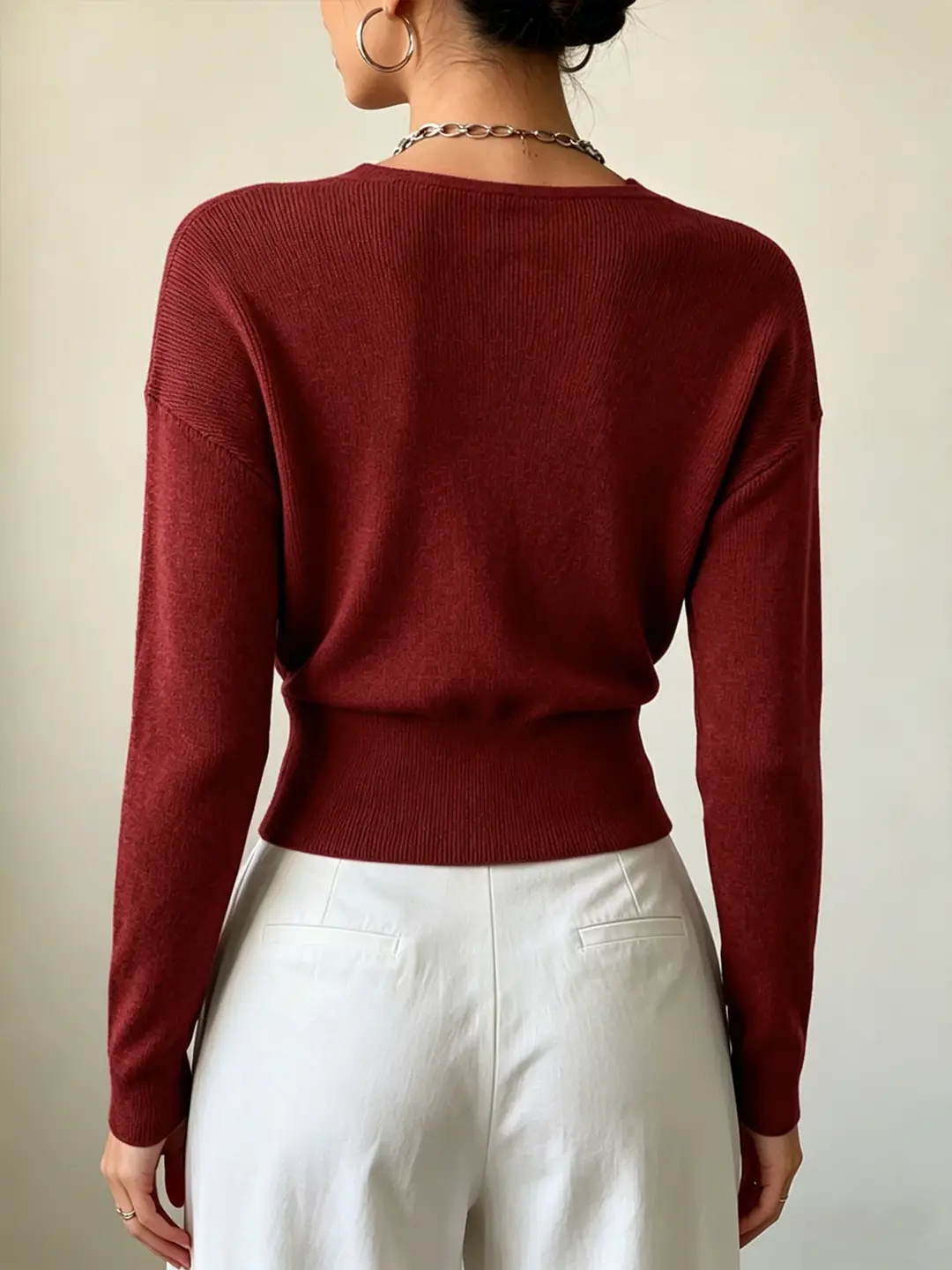 Cross-Border Popular Women's Knitwear, Long-Sleeved, Solid Color, Fashionable, Cross-Neck, Waist-Cinching Design, Simple and Flattering — feature 14