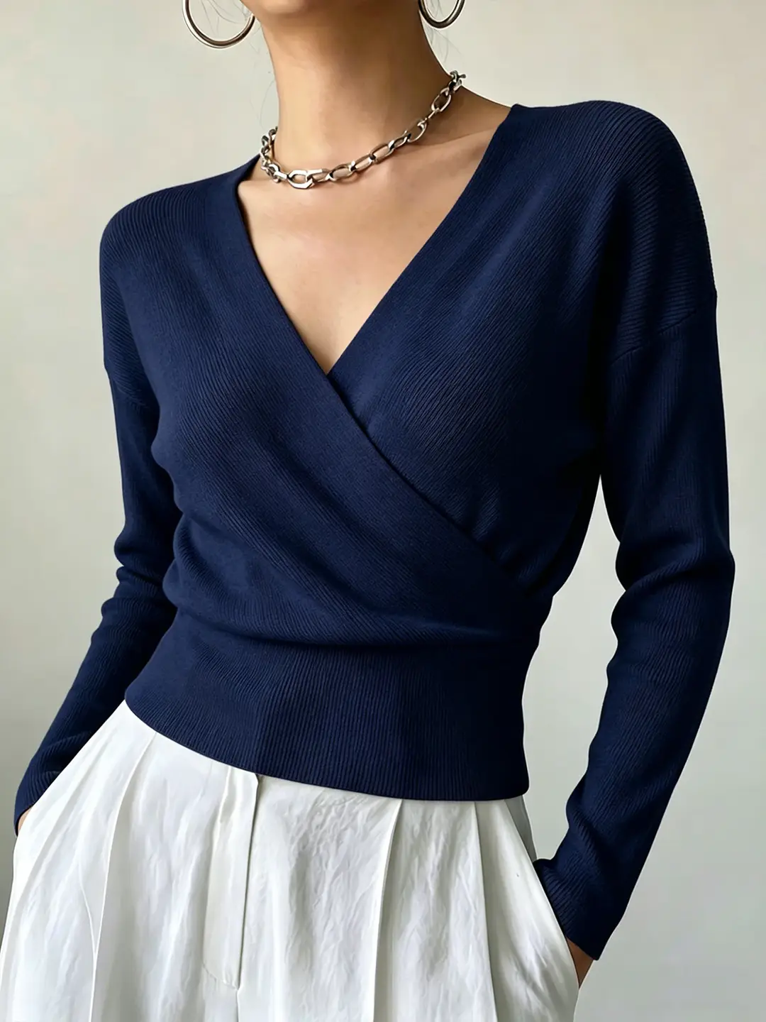 Cross-Border Popular Women's Knitwear, Long-Sleeved, Solid Color, Fashionable, Cross-Neck, Waist-Cinching Design, Simple and Flattering — feature 37