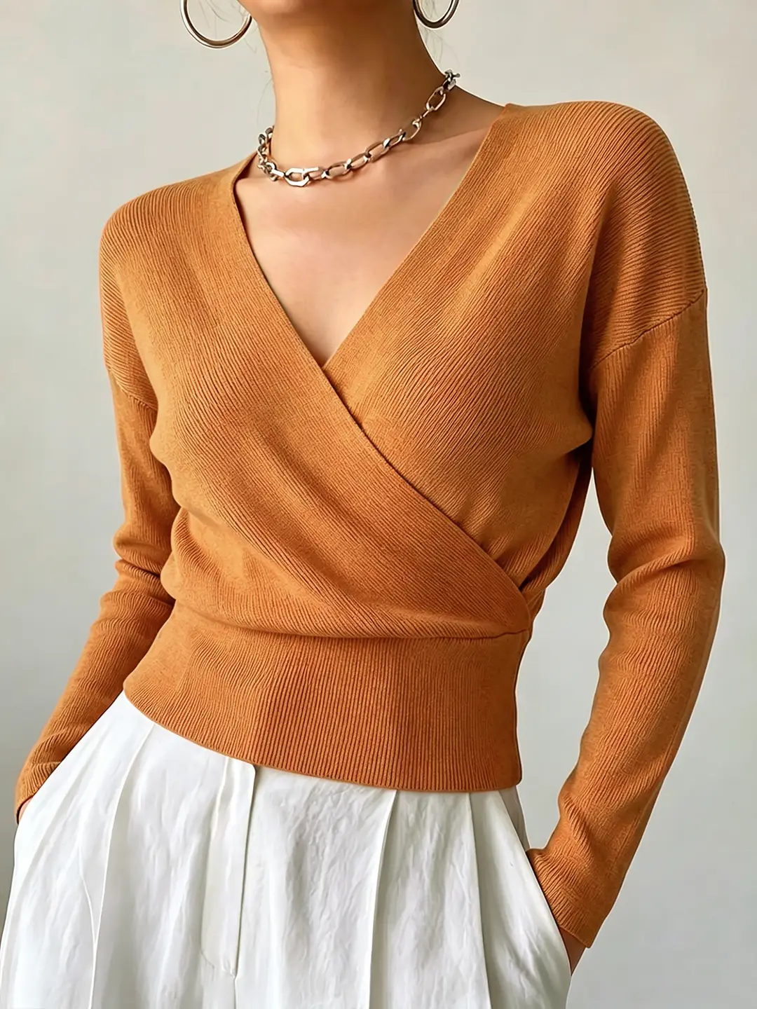 Cross-Border Popular Women's Knitwear, Long-Sleeved, Solid Color, Fashionable, Cross-Neck, Waist-Cinching Design, Simple and Flattering
