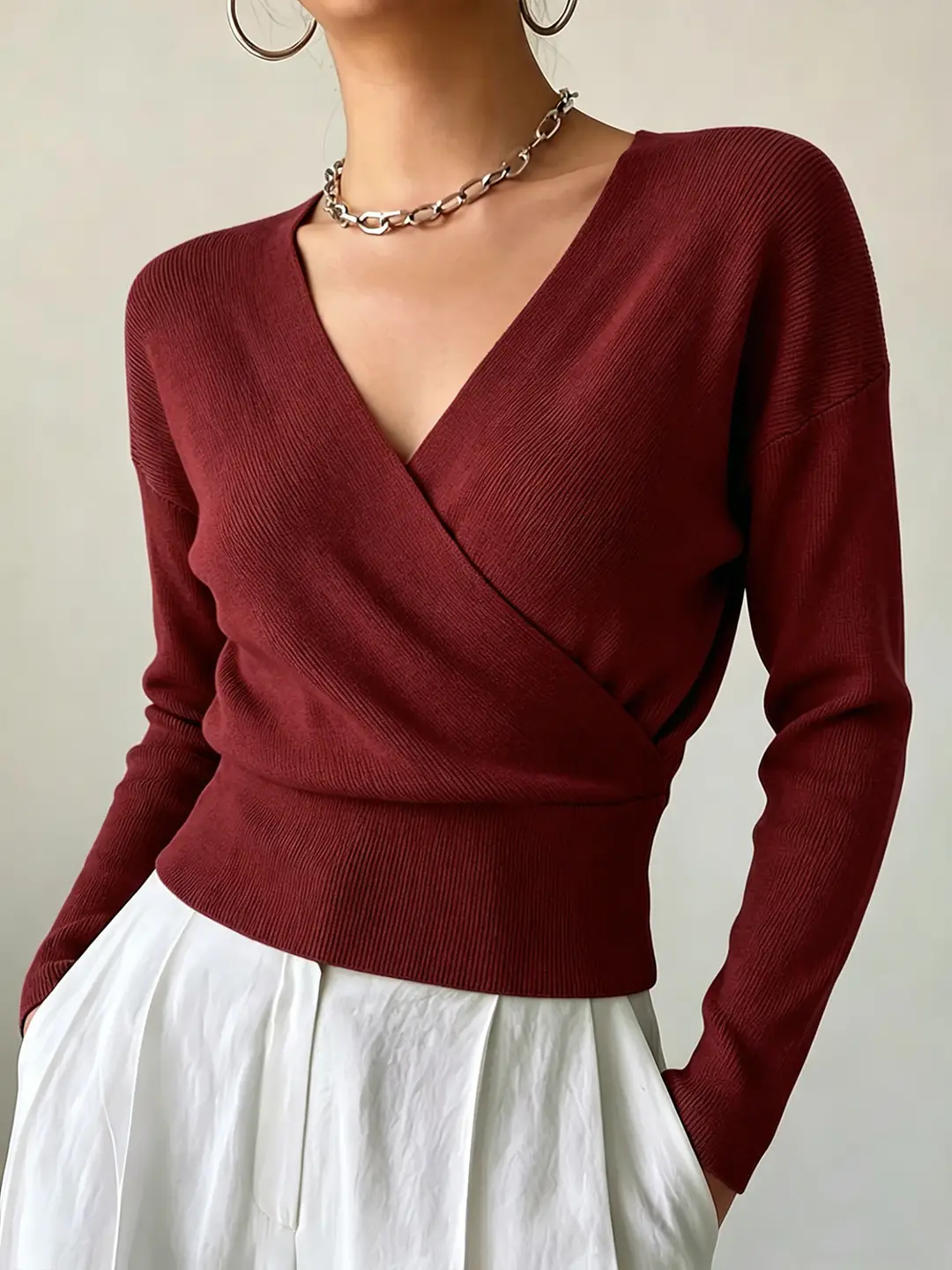 Cross-Border Popular Women's Knitwear, Long-Sleeved, Solid Color, Fashionable, Cross-Neck, Waist-Cinching Design, Simple and Flattering