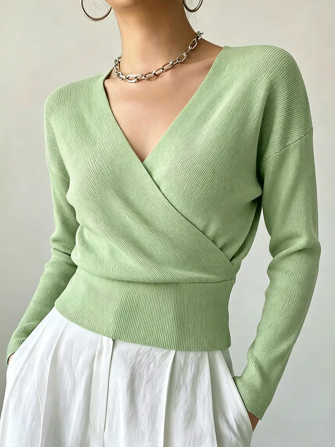 Cross-Border Popular Women's Knitwear, Long-Sleeved, Solid Color, Fashionable, Cross-Neck, Waist-Cinching Design, Simple and Flattering