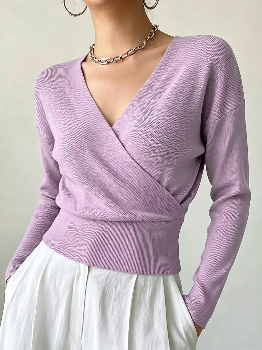 Cross-Border Popular Women's Knitwear, Long-Sleeved, Solid Color, Fashionable, Cross-Neck, Waist-Cinching Design, Simple and Flattering