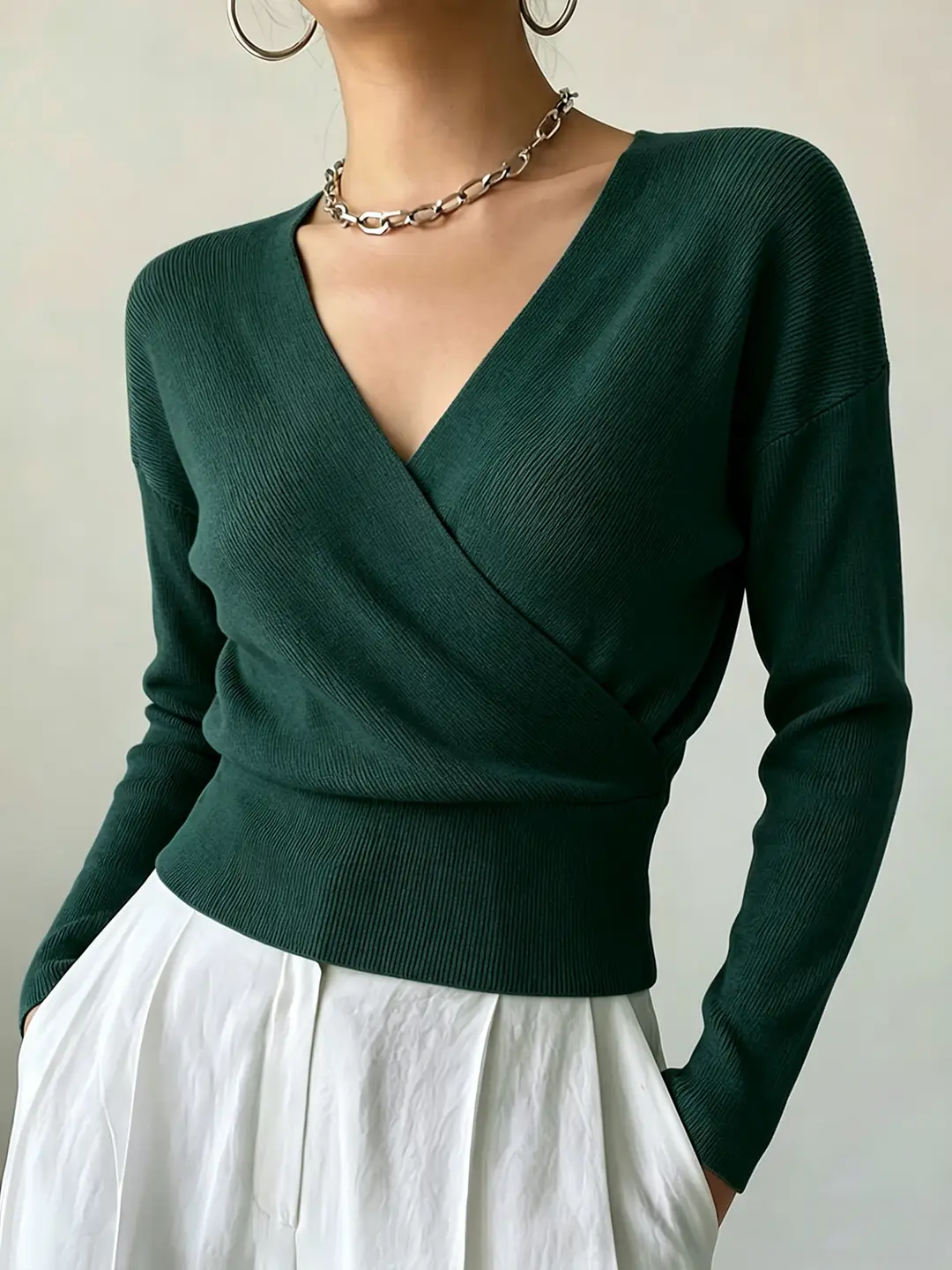 Cross-Border Popular Women's Knitwear, Long-Sleeved, Solid Color, Fashionable, Cross-Neck, Waist-Cinching Design, Simple and Flattering