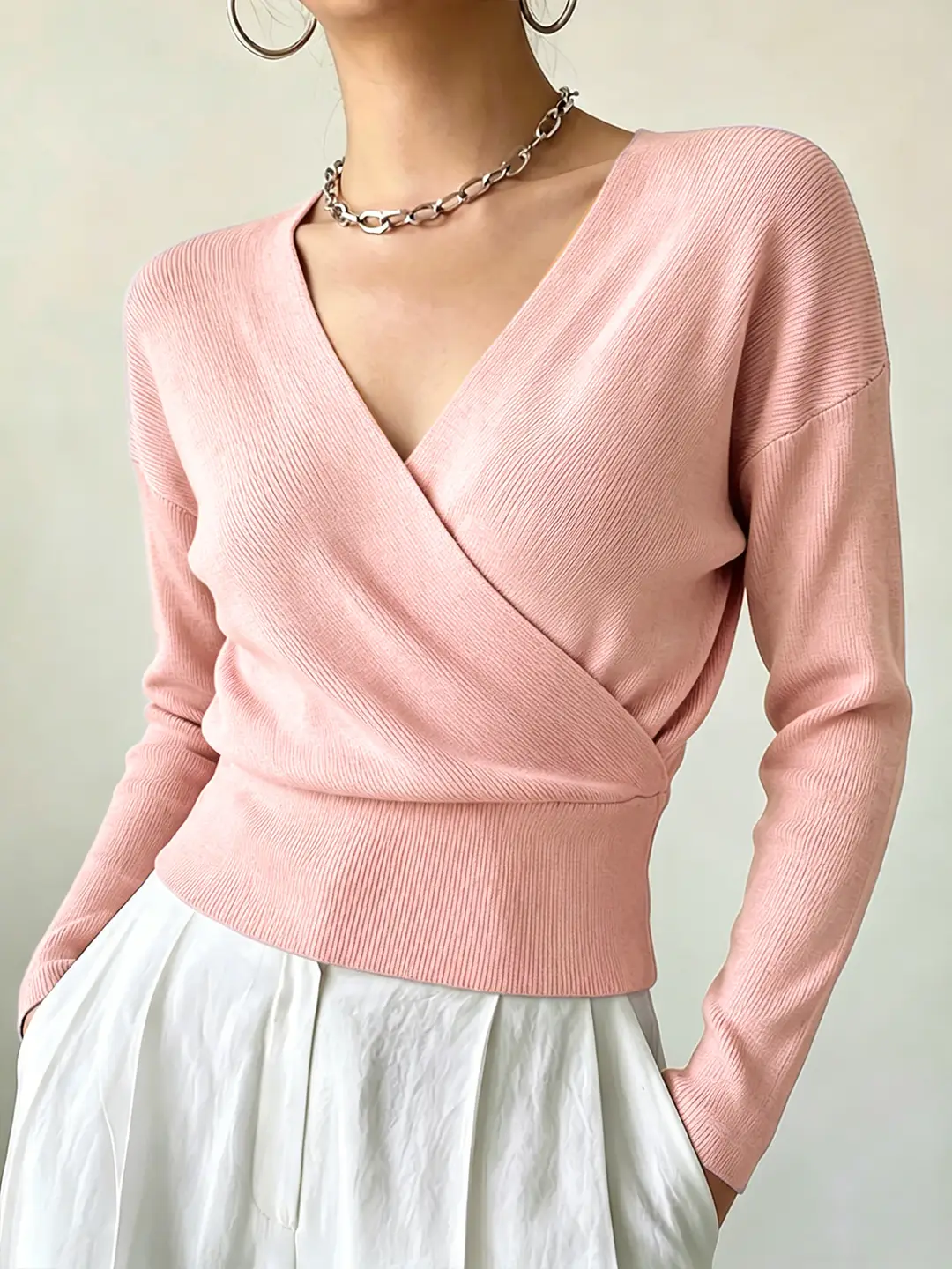 Cross-Border Popular Women's Knitwear, Long-Sleeved, Solid Color, Fashionable, Cross-Neck, Waist-Cinching Design, Simple and Flattering