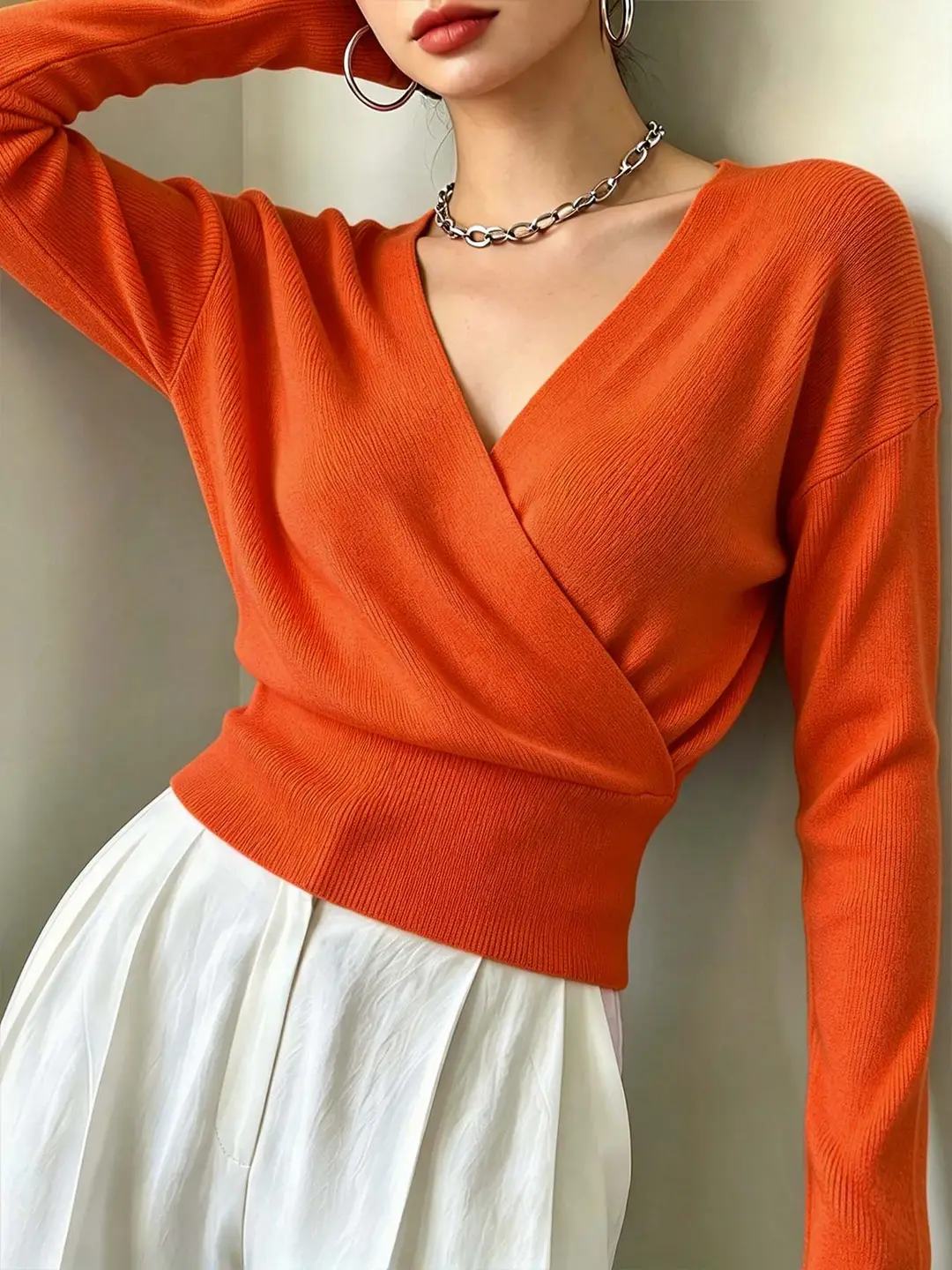 Cross-Border European and American Popular Women's Knitwear, Long-Sleeved Solid Color Fashionable Cross-Neck Waist-Cinching Design, Slimming and Simple Sweater