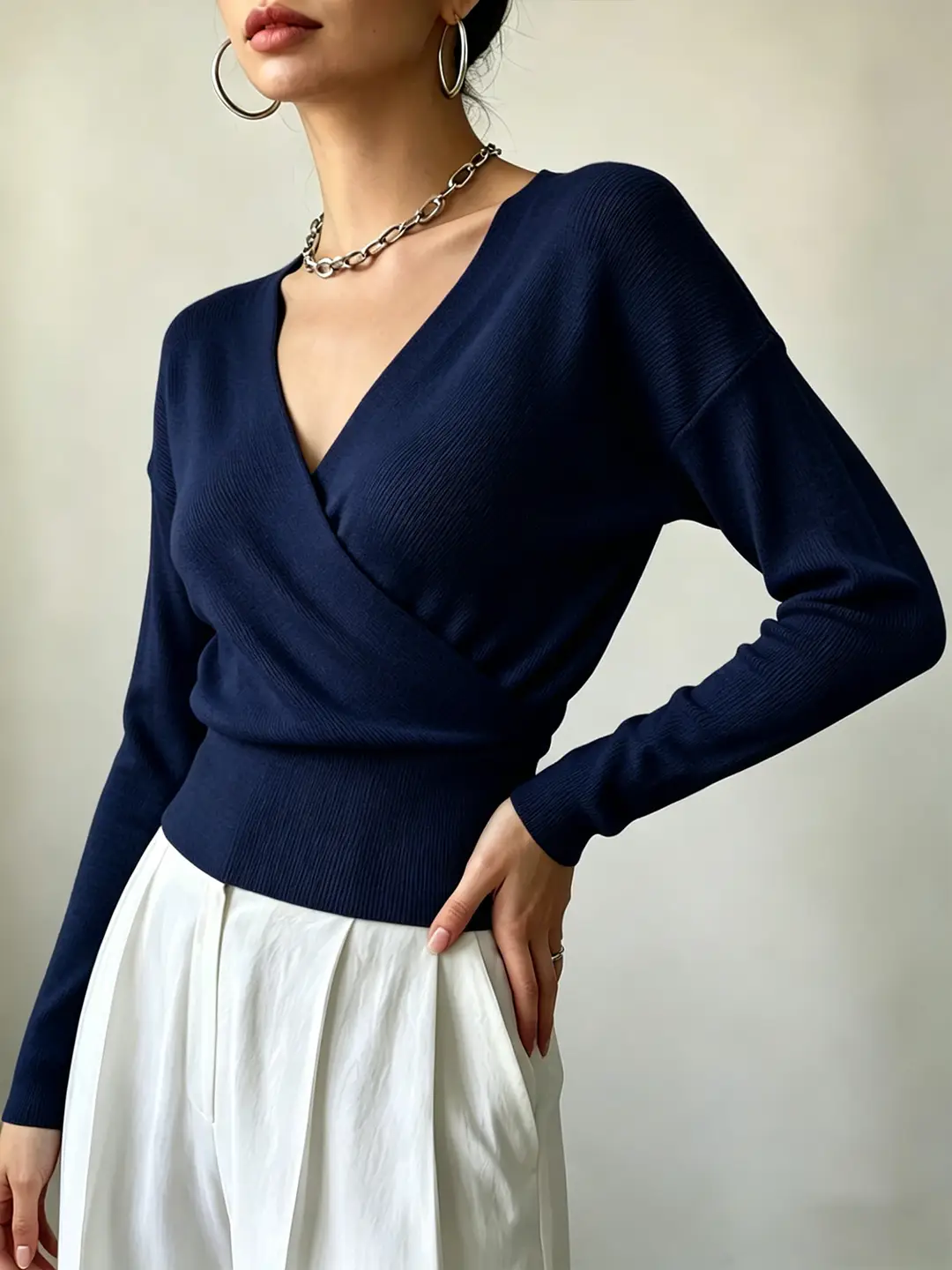 Cross-Border Popular Women's Knitwear, Long-Sleeved, Solid Color, Fashionable, Cross-Neck, Waist-Cinching Design, Simple and Flattering