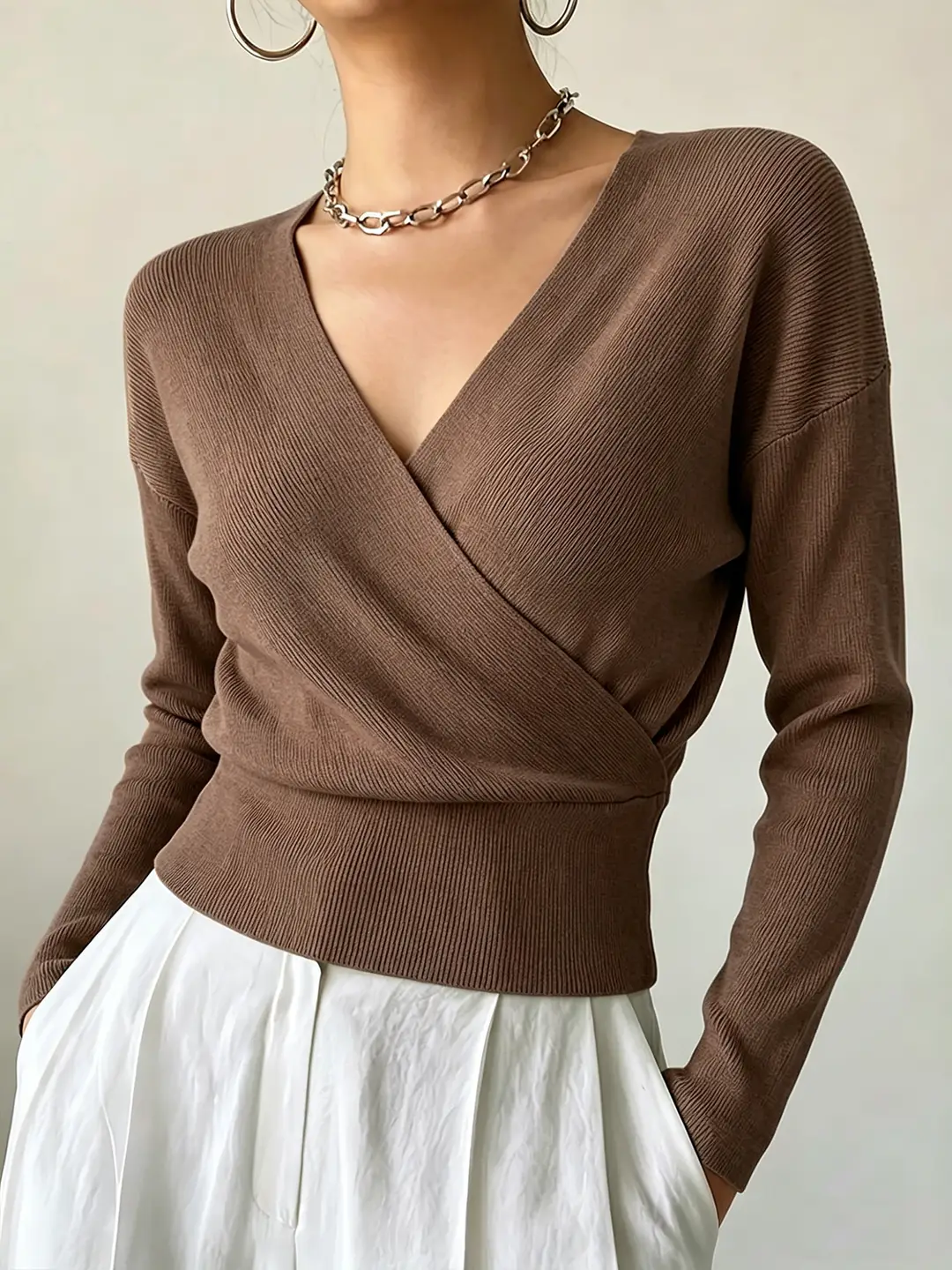 Cross-Border Popular Women's Knitwear, Long-Sleeved, Solid Color, Fashionable, Cross-Neck, Waist-Cinching Design, Simple and Flattering