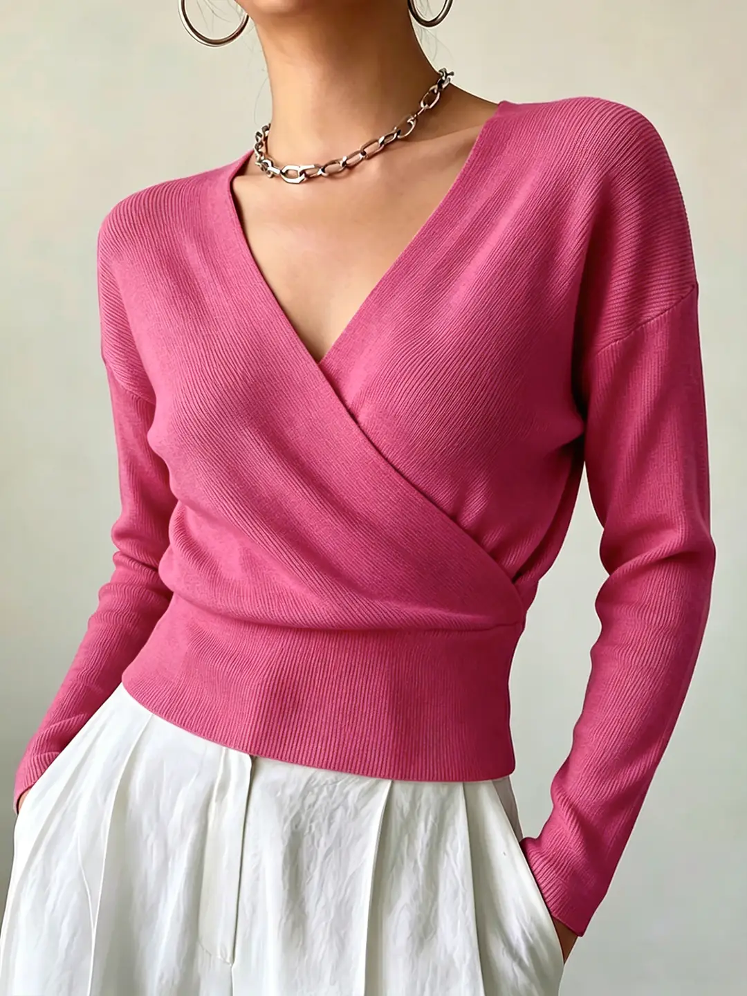 Cross-Border Popular Women's Knitwear, Long-Sleeved, Solid Color, Fashionable, Cross-Neck, Waist-Cinching Design, Simple and Flattering
