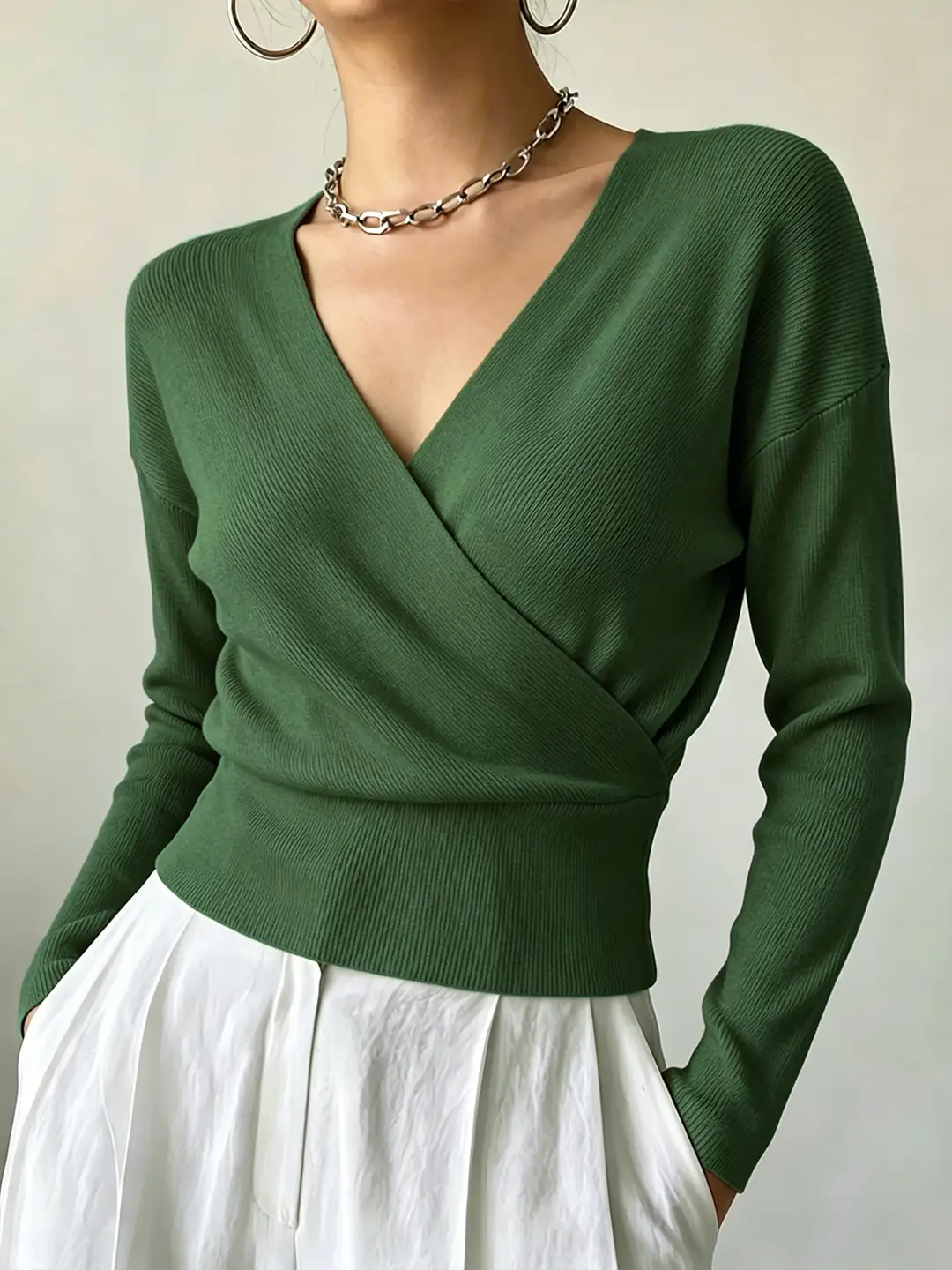 Cross-Border Popular Women's Knitwear, Long-Sleeved, Solid Color, Fashionable, Cross-Neck, Waist-Cinching Design, Simple and Flattering