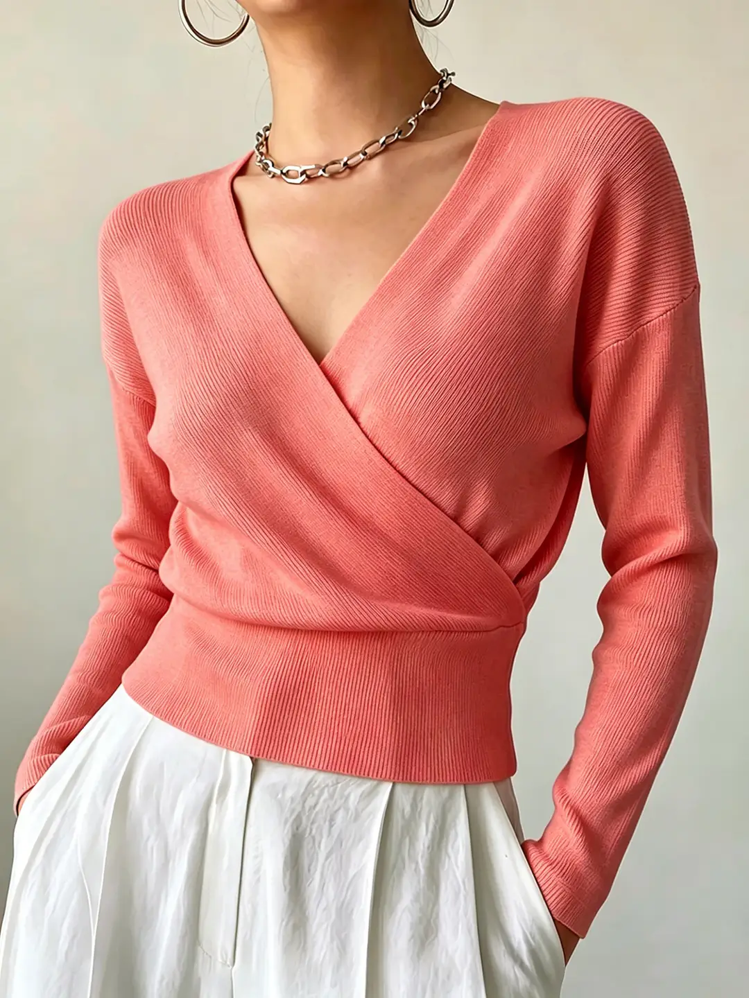 Cross-Border Popular Women's Knitwear, Long-Sleeved, Solid Color, Fashionable, Cross-Neck, Waist-Cinching Design, Simple and Flattering