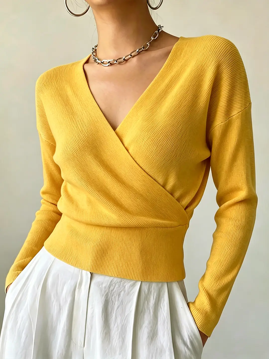 Cross-Border Popular Women's Knitwear, Long-Sleeved, Solid Color, Fashionable, Cross-Neck, Waist-Cinching Design, Simple and Flattering