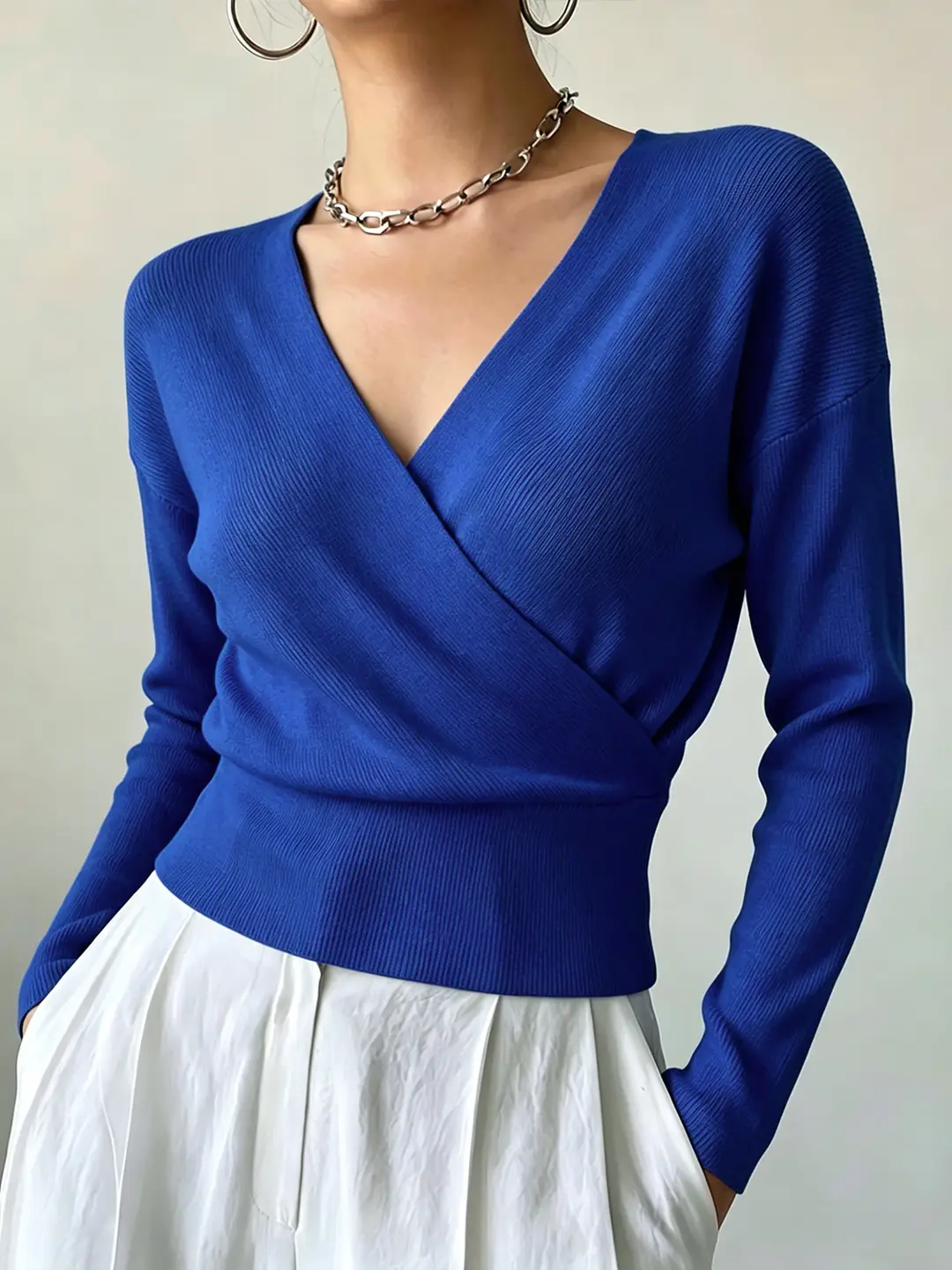 Cross-Border Popular Women's Knitwear, Long-Sleeved, Solid Color, Fashionable, Cross-Neck, Waist-Cinching Design, Simple and Flattering