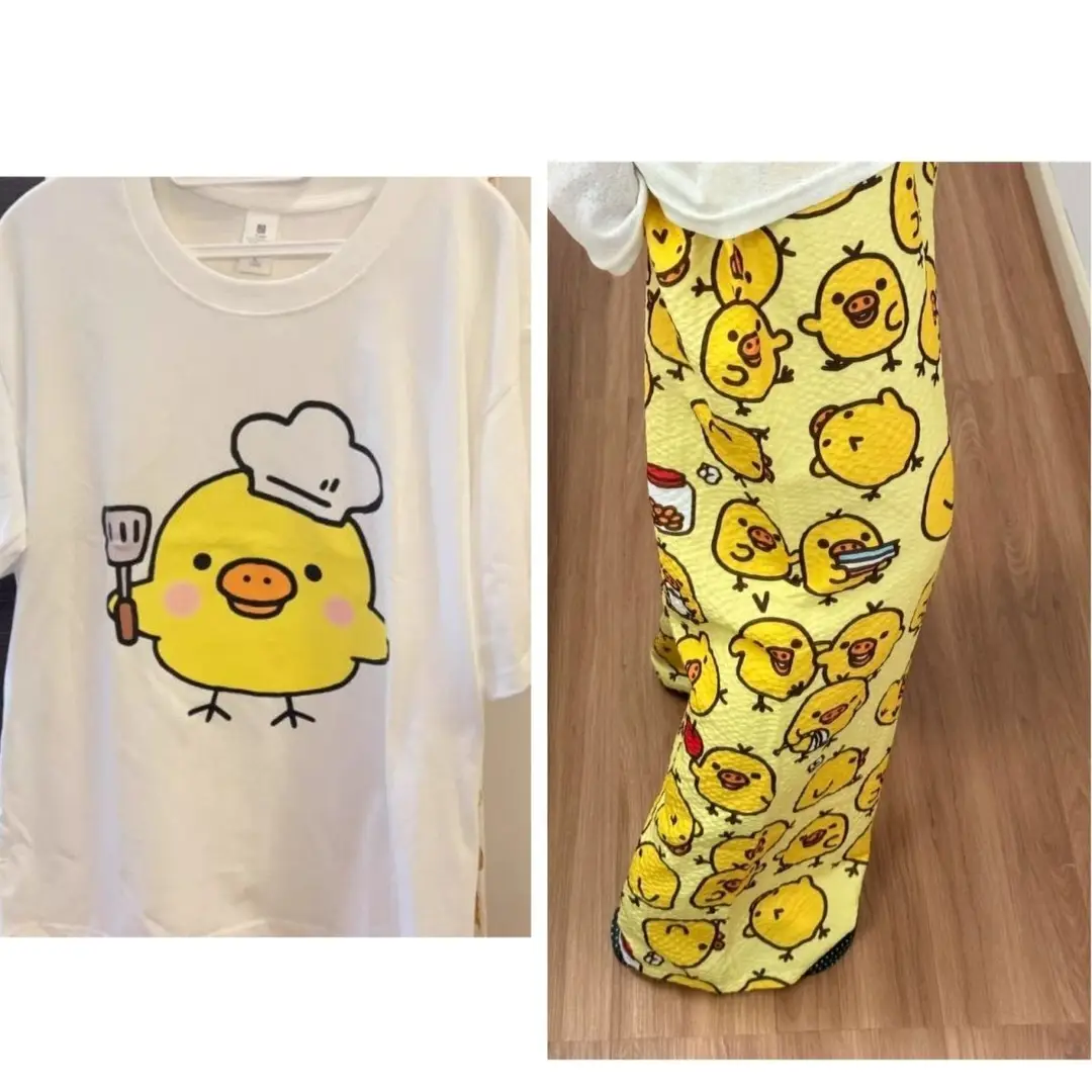 Round Neck Top + Cloud Cotton Long Pants Fashion Set for Women, Cartoon Nose-Picking Chicken Pure Cotton Short-Sleeve Student Casual Pajamas