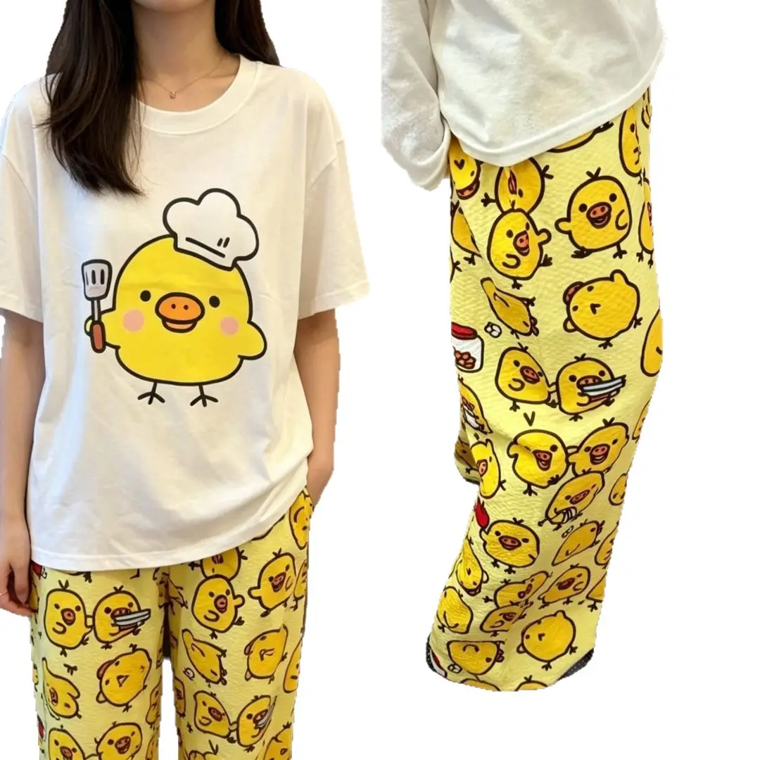 Round Neck Top + Cloud Cotton Long Pants Fashion Set for Women, Cartoon Nose-Picking Chicken Pure Cotton Short-Sleeve Student Casual Pajamas