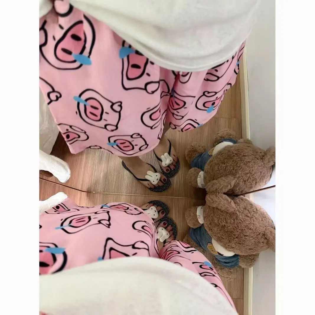 Round Neck Top + Cloud Cotton Long Pants Fashion Set for Women, Cartoon Nose-Picking Chicken Pure Cotton Short-Sleeve Student Casual Pajamas — feature 12