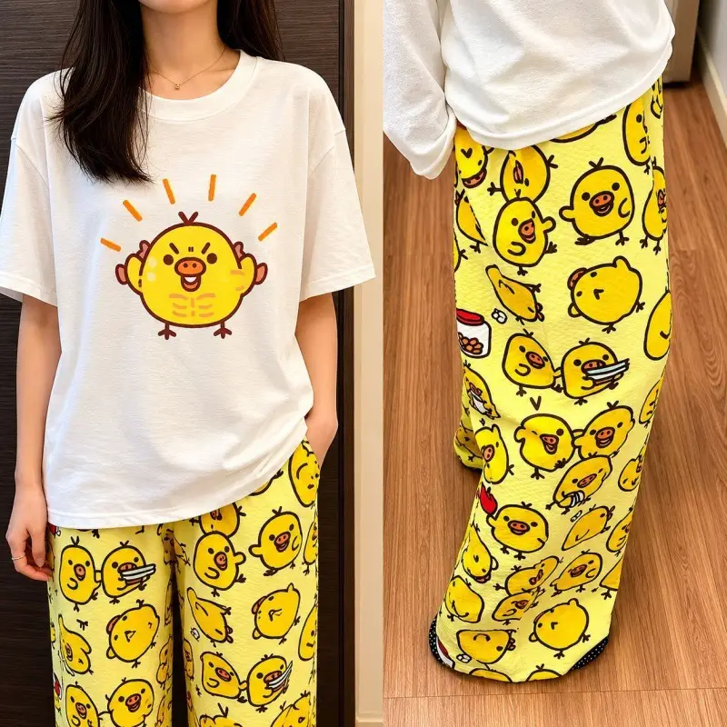 Round Neck Top + Cloud Cotton Long Pants Fashion Set for Women, Cartoon Nose-Picking Chicken Pure Cotton Short-Sleeve Student Casual Pajamas — feature 13