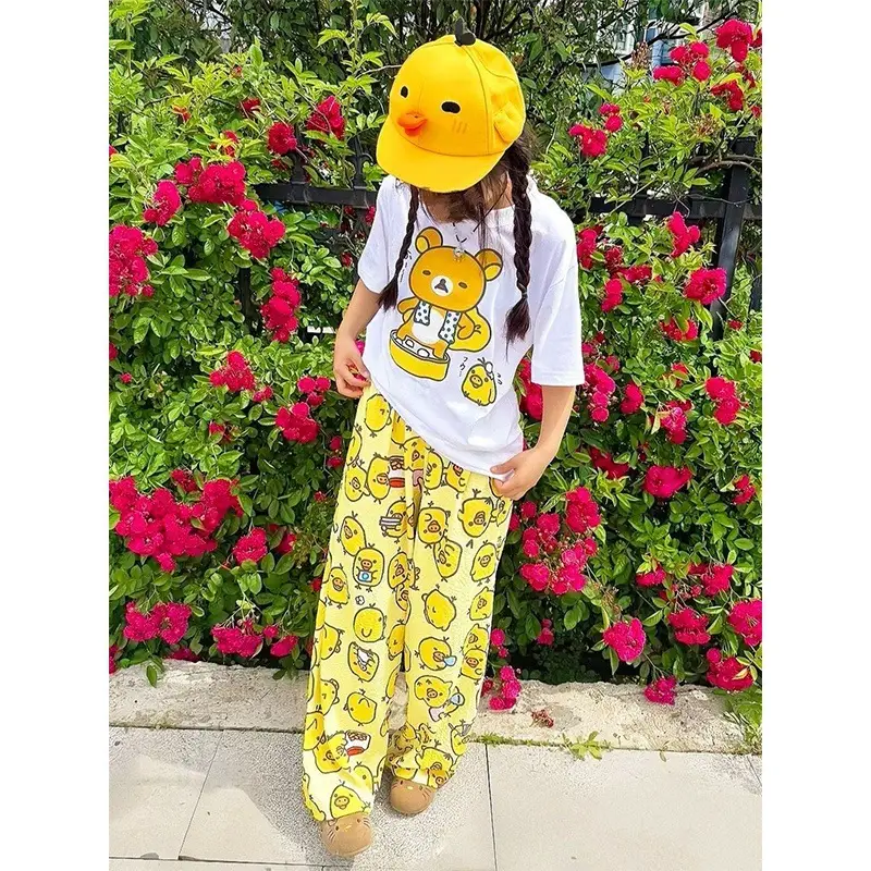 Round Neck Top + Cloud Cotton Long Pants Fashion Set for Women, Cartoon Nose-Picking Chicken Pure Cotton Short-Sleeve Student Casual Pajamas — feature 15