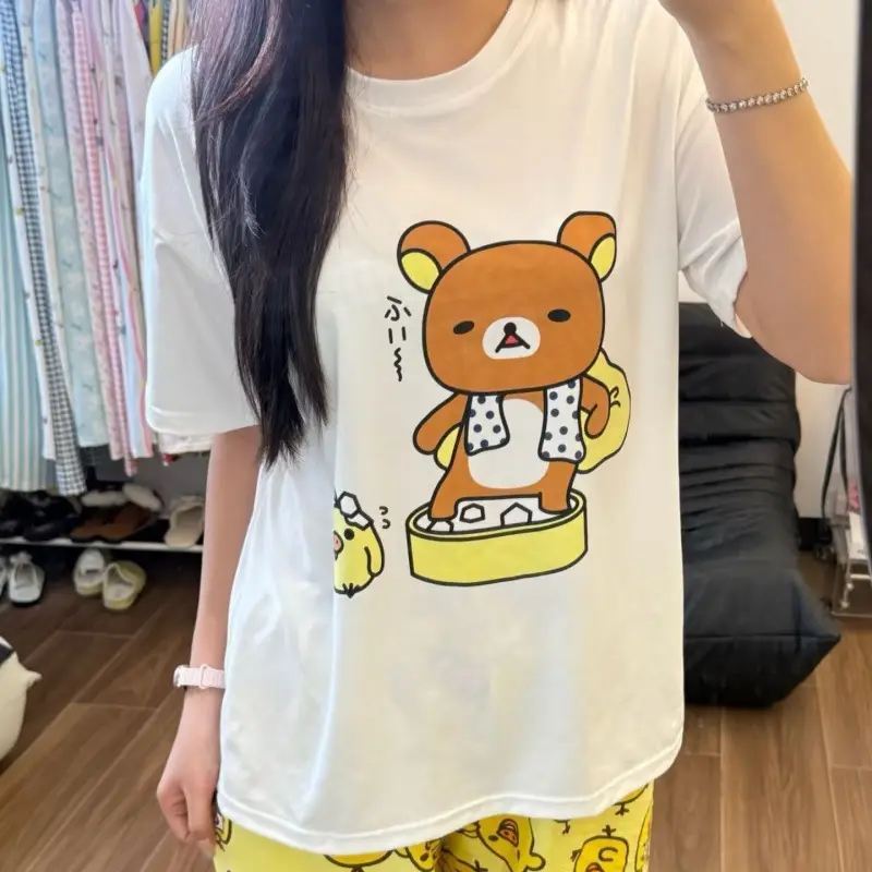 Round Neck Top + Cloud Cotton Long Pants Fashion Set for Women, Cartoon Nose-Picking Chicken Pure Cotton Short-Sleeve Student Casual Pajamas — feature 16
