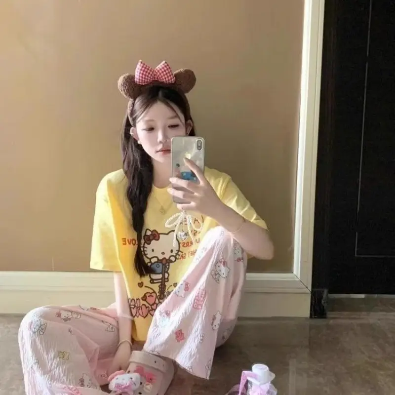 Round Neck Top + Cloud Cotton Long Pants Fashion Set for Women, Cartoon Nose-Picking Chicken Pure Cotton Short-Sleeve Student Casual Pajamas — feature 17
