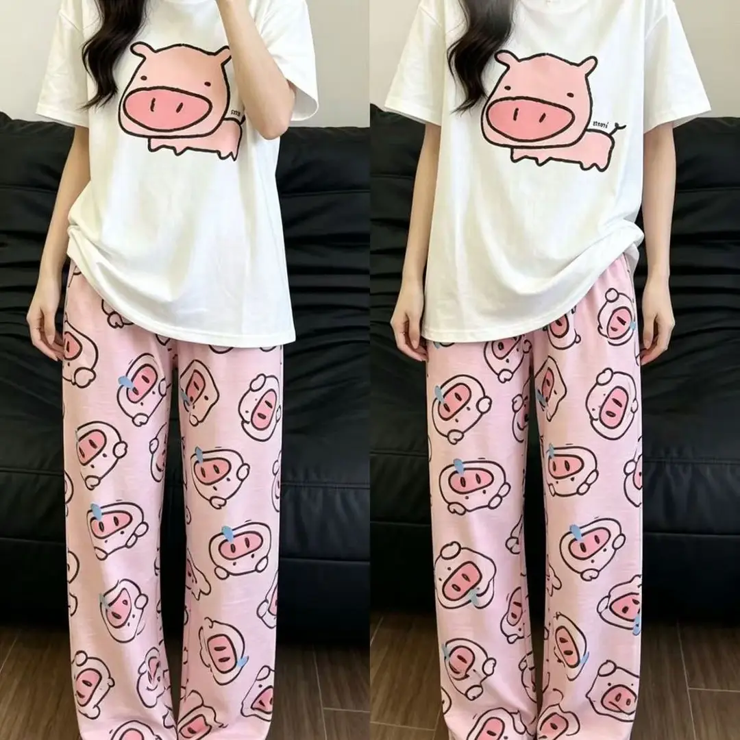 Round Neck Top + Cloud Cotton Long Pants Fashion Set for Women, Cartoon Nose-Picking Chicken Pure Cotton Short-Sleeve Student Casual Pajamas — feature 20