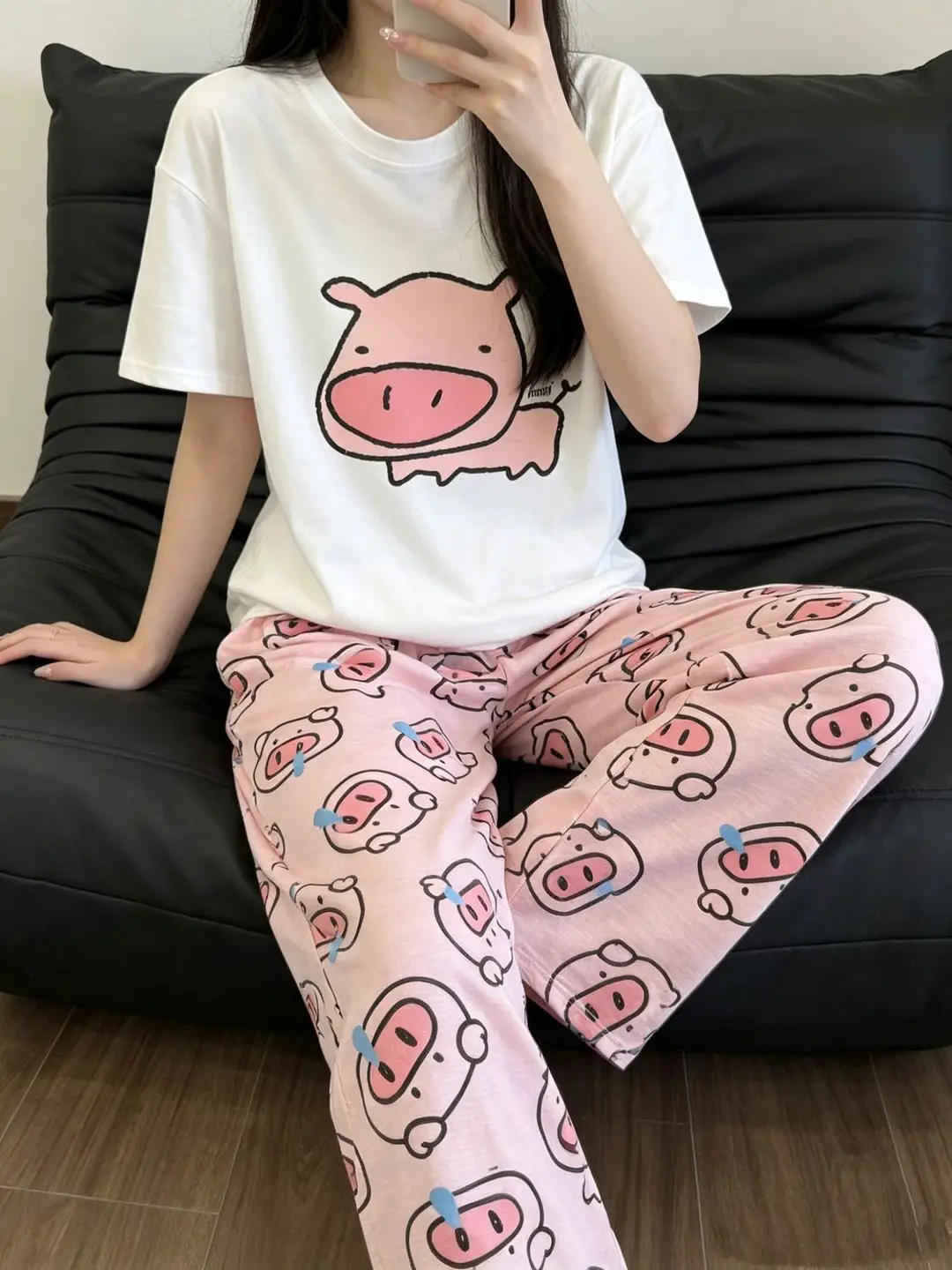 Round Neck Top + Cloud Cotton Long Pants Fashion Set for Women, Cartoon Nose-Picking Chicken Pure Cotton Short-Sleeve Student Casual Pajamas — feature 21
