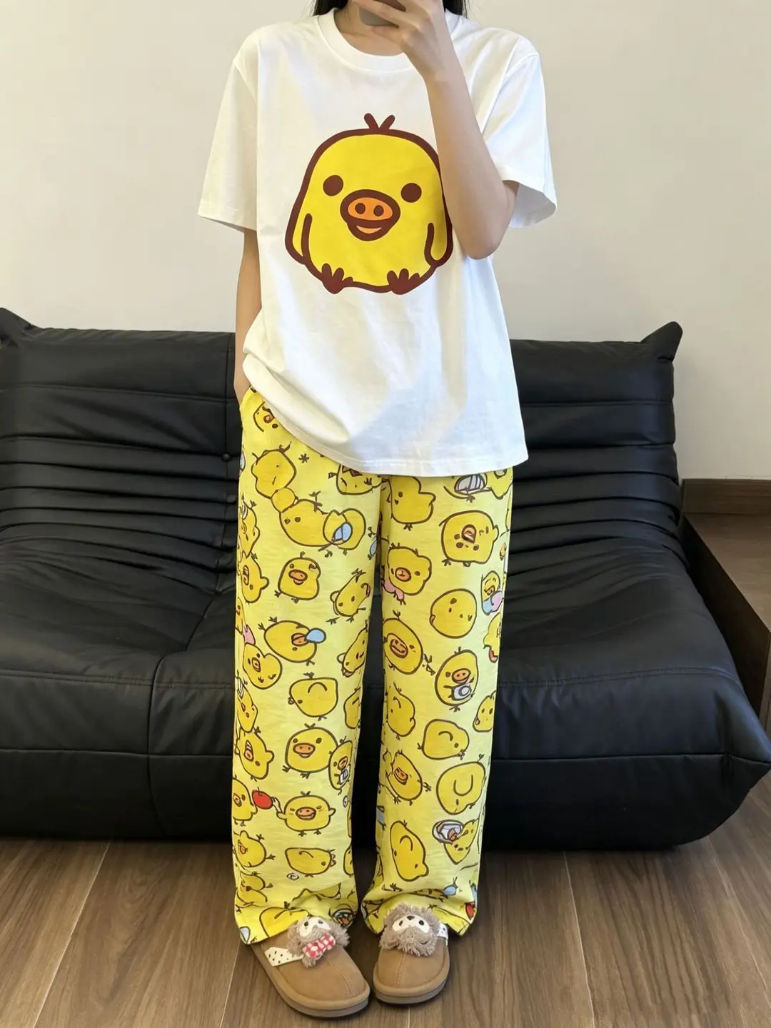 Round Neck Top + Cloud Cotton Long Pants Fashion Set for Women, Cartoon Nose-Picking Chicken Pure Cotton Short-Sleeve Student Casual Pajamas — feature 22