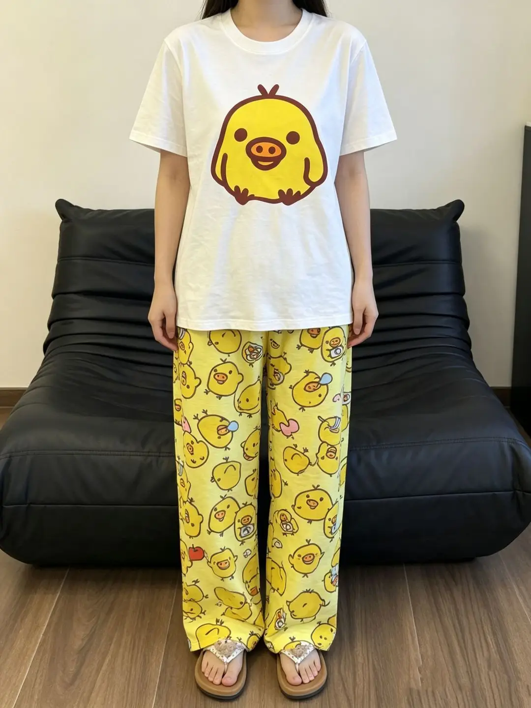 Round Neck Top + Cloud Cotton Long Pants Fashion Set for Women, Cartoon Nose-Picking Chicken Pure Cotton Short-Sleeve Student Casual Pajamas — feature 23