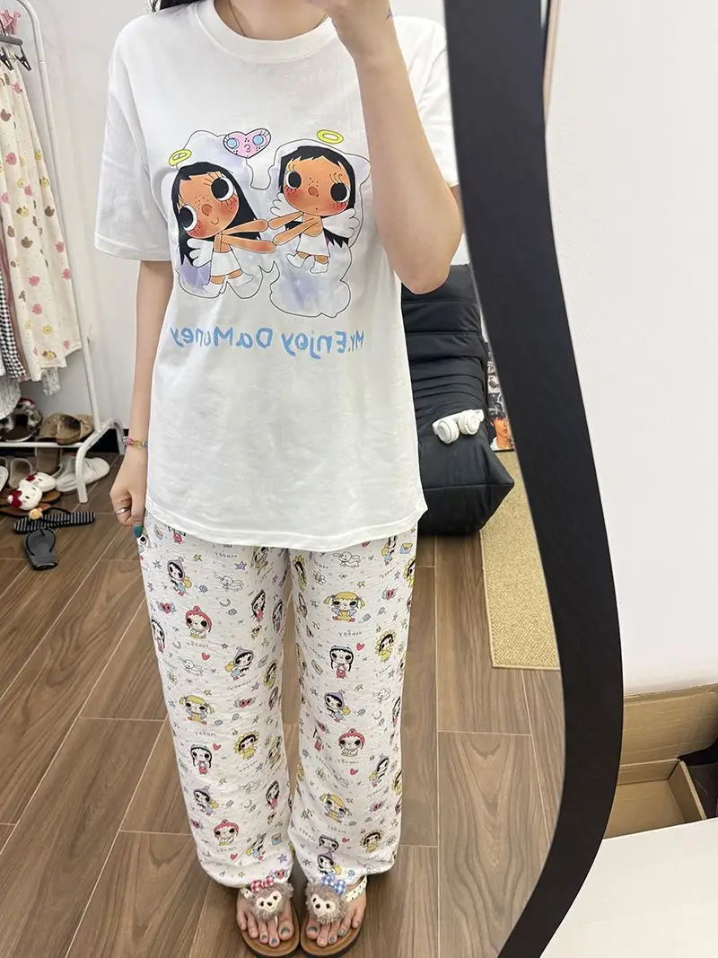 Round Neck Top + Cloud Cotton Long Pants Fashion Set for Women, Cartoon Nose-Picking Chicken Pure Cotton Short-Sleeve Student Casual Pajamas — feature 25
