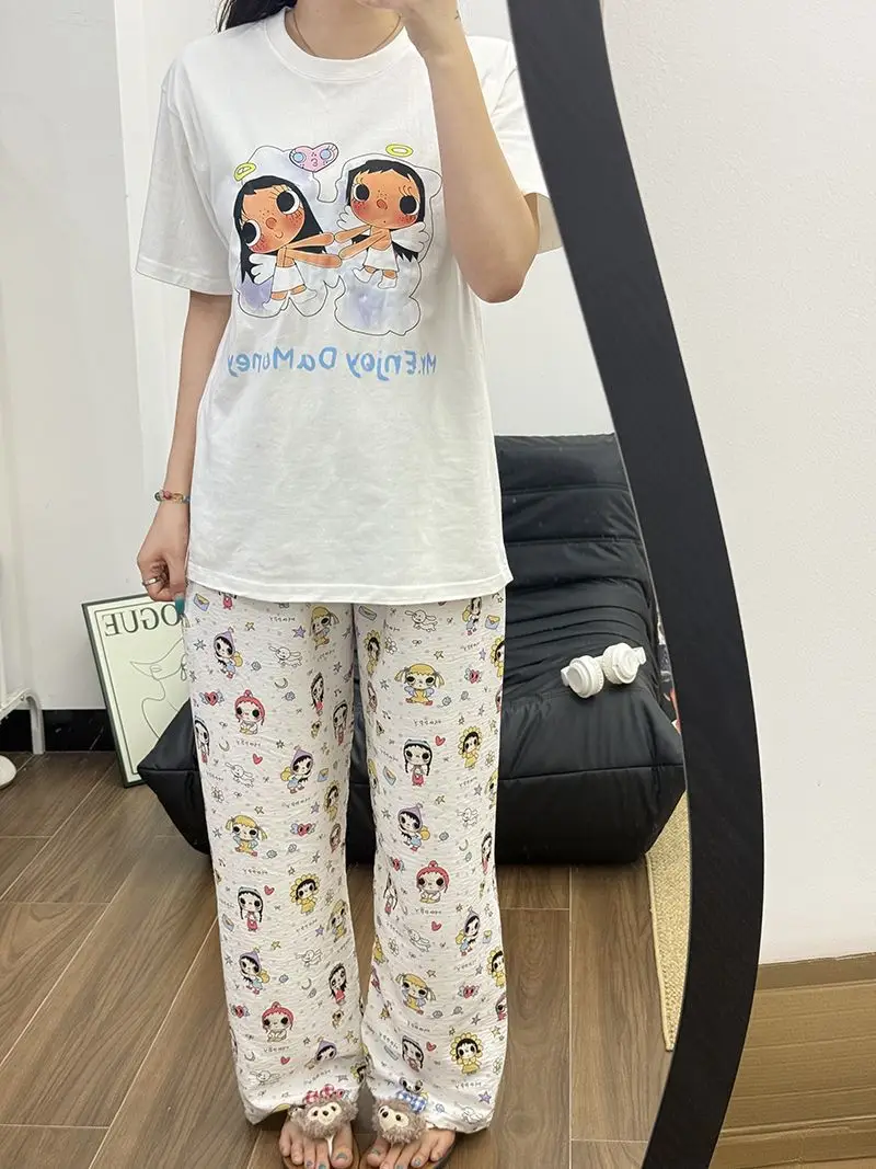 Round Neck Top + Cloud Cotton Long Pants Fashion Set for Women, Cartoon Nose-Picking Chicken Pure Cotton Short-Sleeve Student Casual Pajamas — feature 26