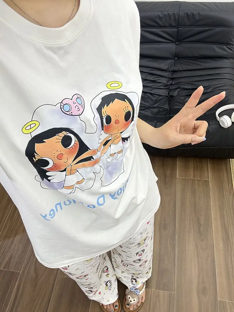 Round Neck Top + Cloud Cotton Long Pants Fashion Set for Women, Cartoon Nose-Picking Chicken Pure Cotton Short-Sleeve Student Casual Pajamas — feature 27