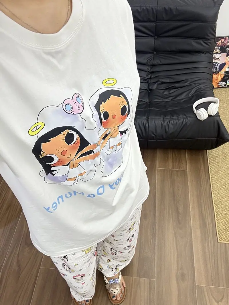 Round Neck Top + Cloud Cotton Long Pants Fashion Set for Women, Cartoon Nose-Picking Chicken Pure Cotton Short-Sleeve Student Casual Pajamas — feature 28