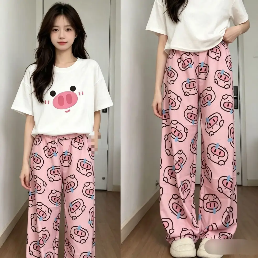 Round Neck Top + Cloud Cotton Long Pants Fashion Set for Women, Cartoon Nose-Picking Chicken Pure Cotton Short-Sleeve Student Casual Pajamas — feature 9