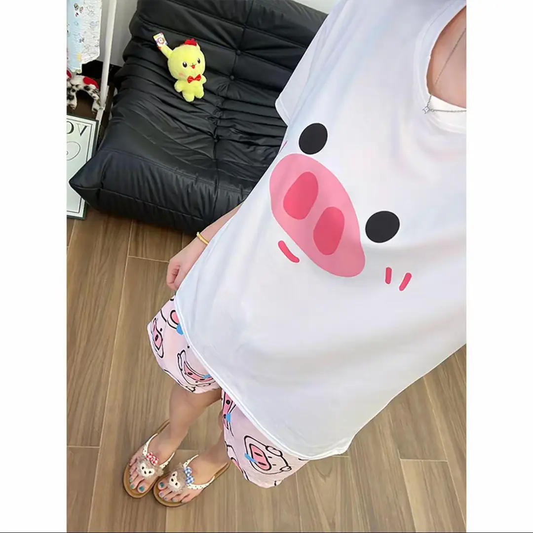Round Neck Top + Cloud Cotton Long Pants Fashion Set for Women, Cartoon Nose-Picking Chicken Pure Cotton Short-Sleeve Student Casual Pajamas