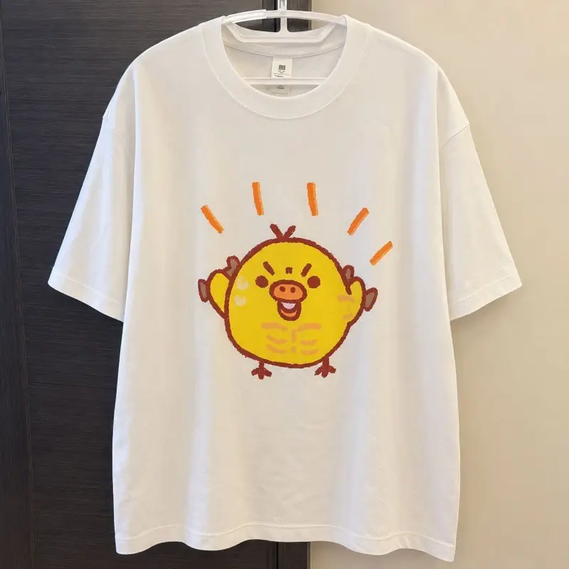 Round Neck Top + Cloud Cotton Long Pants Fashion Set for Women, Cartoon Nose-Picking Chicken Pure Cotton Short-Sleeve Student Casual Pajamas
